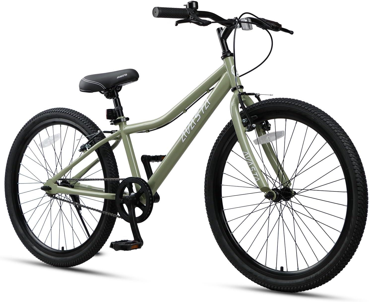 imageAVASTA Bilbo 18 20 24 Inch Kids Bike for Boys Girls 514 Years Old Retro Style High Carbon Steel Bicycle with Adjustable Handlebars and Seat Dual VBrakes Kickstand Multiple ColorsArmy Green