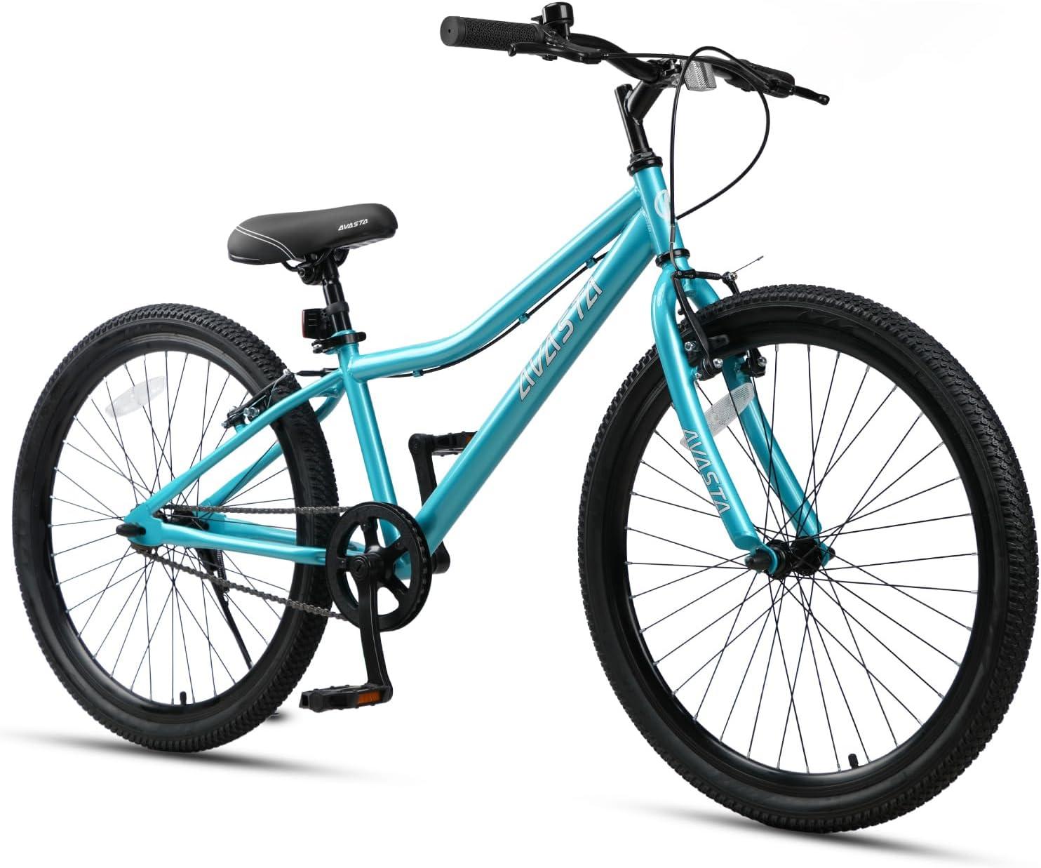 imageAVASTA Bilbo 18 20 24 Inch Kids Bike for Boys Girls 514 Years Old Retro Style High Carbon Steel Bicycle with Adjustable Handlebars and Seat Dual VBrakes Kickstand Multiple ColorsCyan