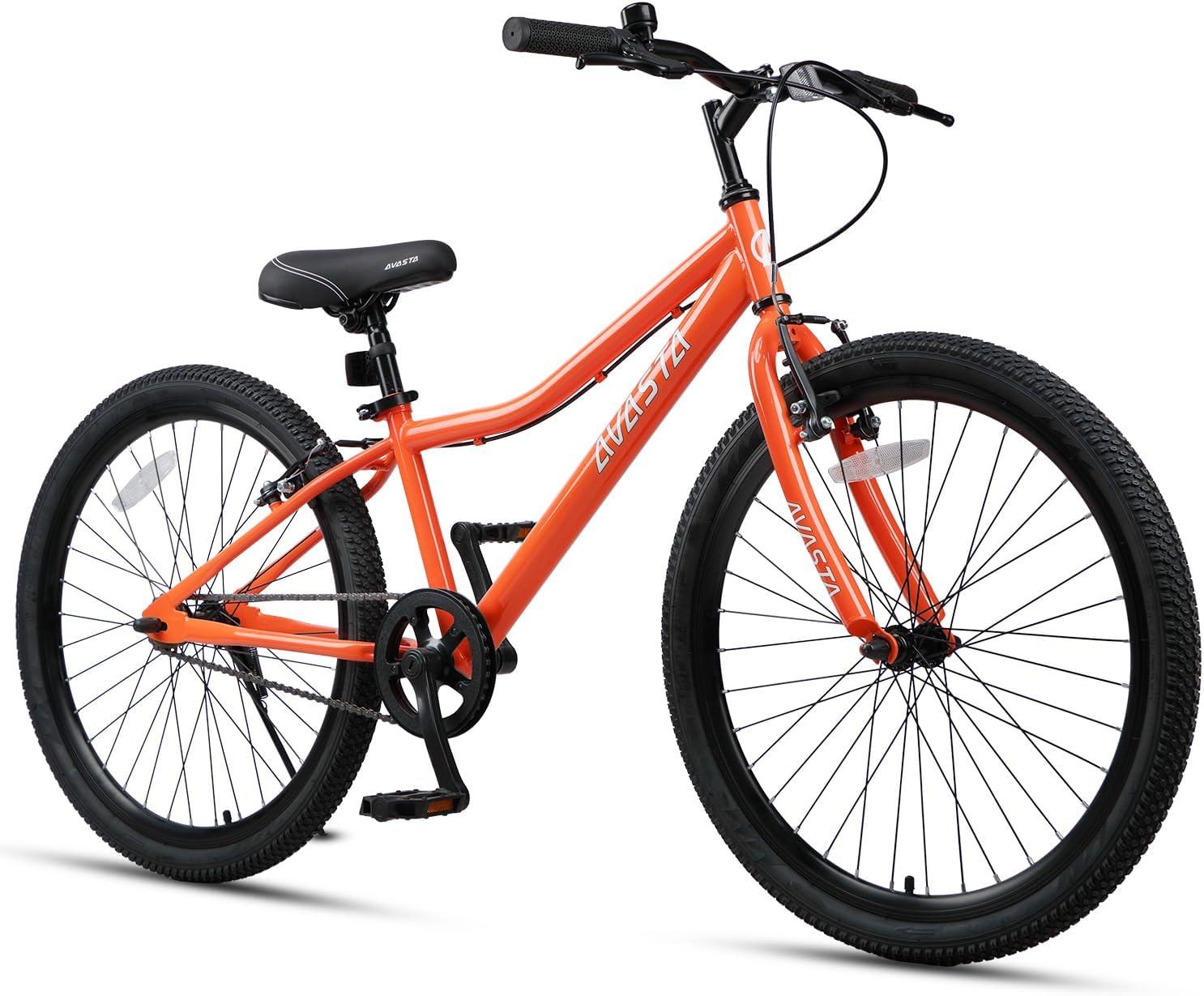 imageAVASTA Bilbo 18 20 24 Inch Kids Bike for Boys Girls 514 Years Old Retro Style High Carbon Steel Bicycle with Adjustable Handlebars and Seat Dual VBrakes Kickstand Multiple ColorsOrange