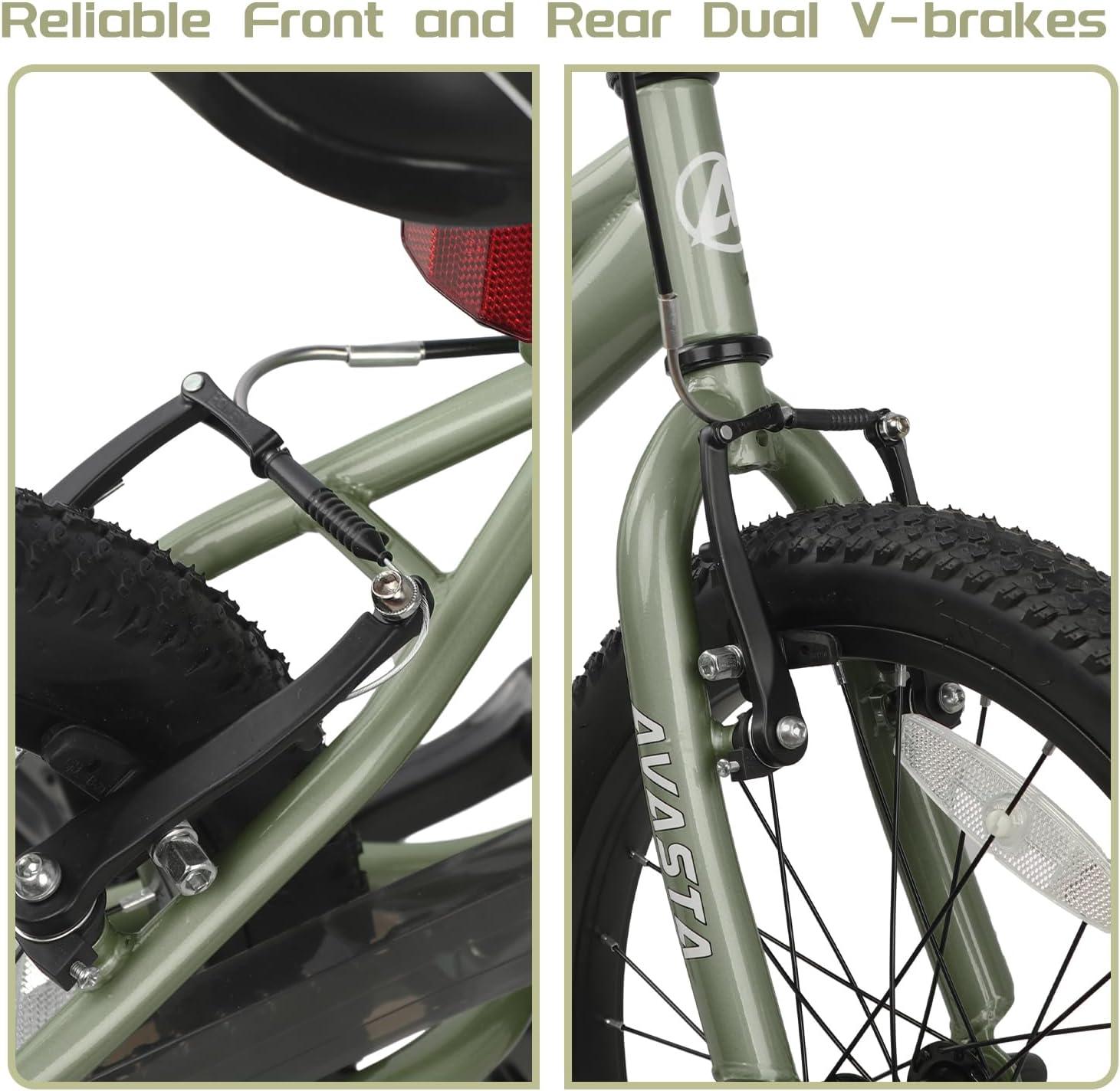 imageAVASTA Bilbo 18 20 24 Inch Kids Bike for Boys Girls 514 Years Old Retro Style High Carbon Steel Bicycle with Adjustable Handlebars and Seat Dual VBrakes Kickstand Multiple ColorsArmy Green
