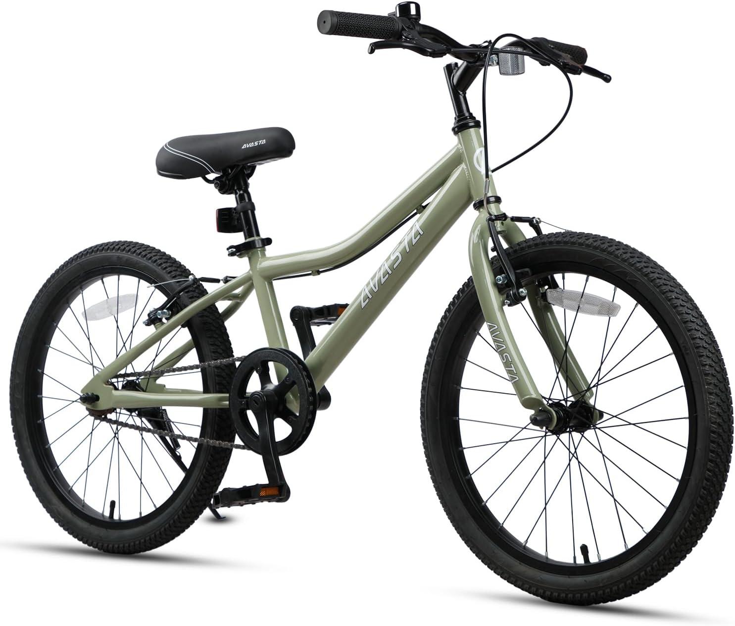 imageAVASTA Bilbo 18 20 24 Inch Kids Bike for Boys Girls 514 Years Old Retro Style High Carbon Steel Bicycle with Adjustable Handlebars and Seat Dual VBrakes Kickstand Multiple ColorsArmy Green