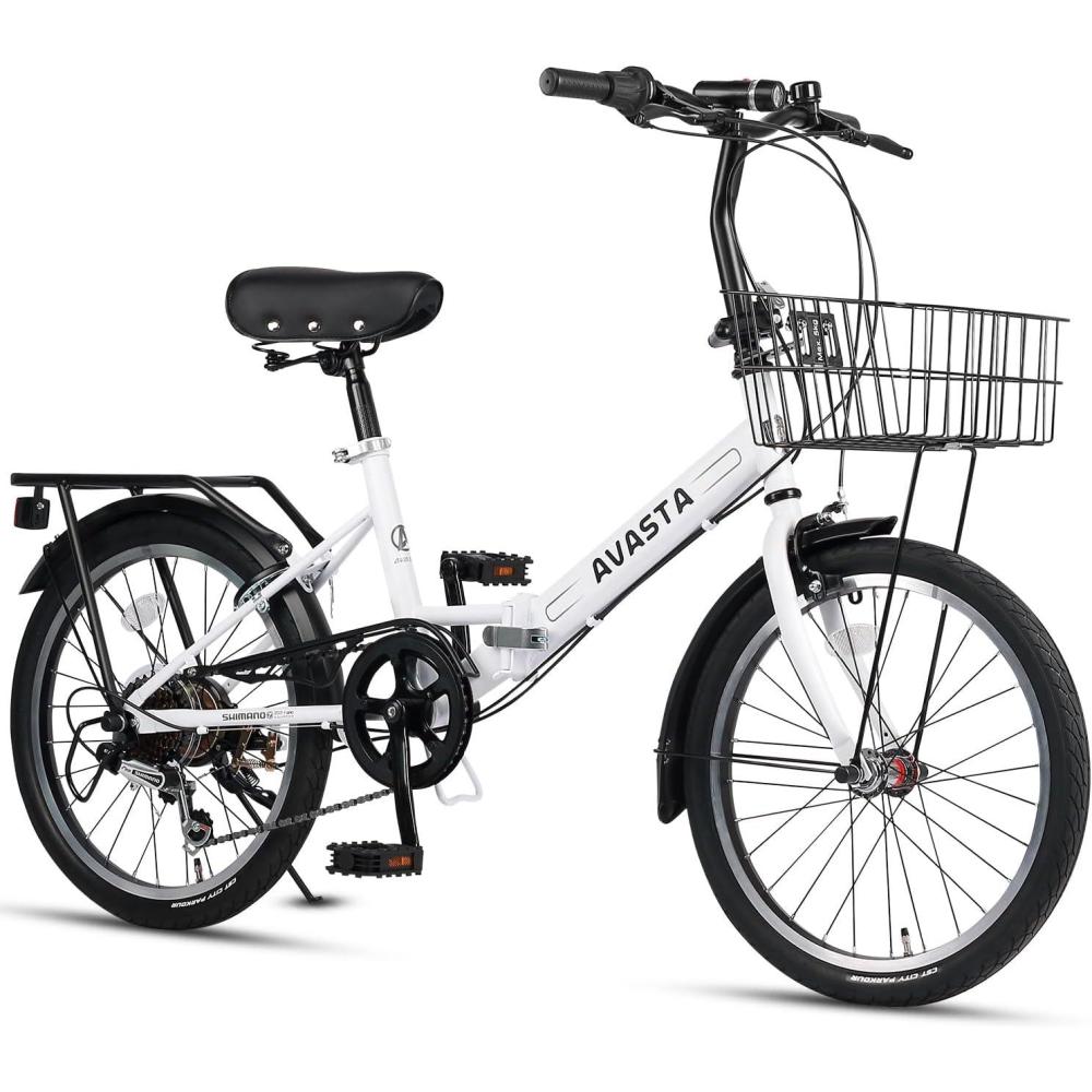 imageAVASTA Quartet 20 24 Inch Folding Bike with 7Speed Dual CBrake Fender Rear Rack and Bicycle Basket Mutiple ColorsWhite
