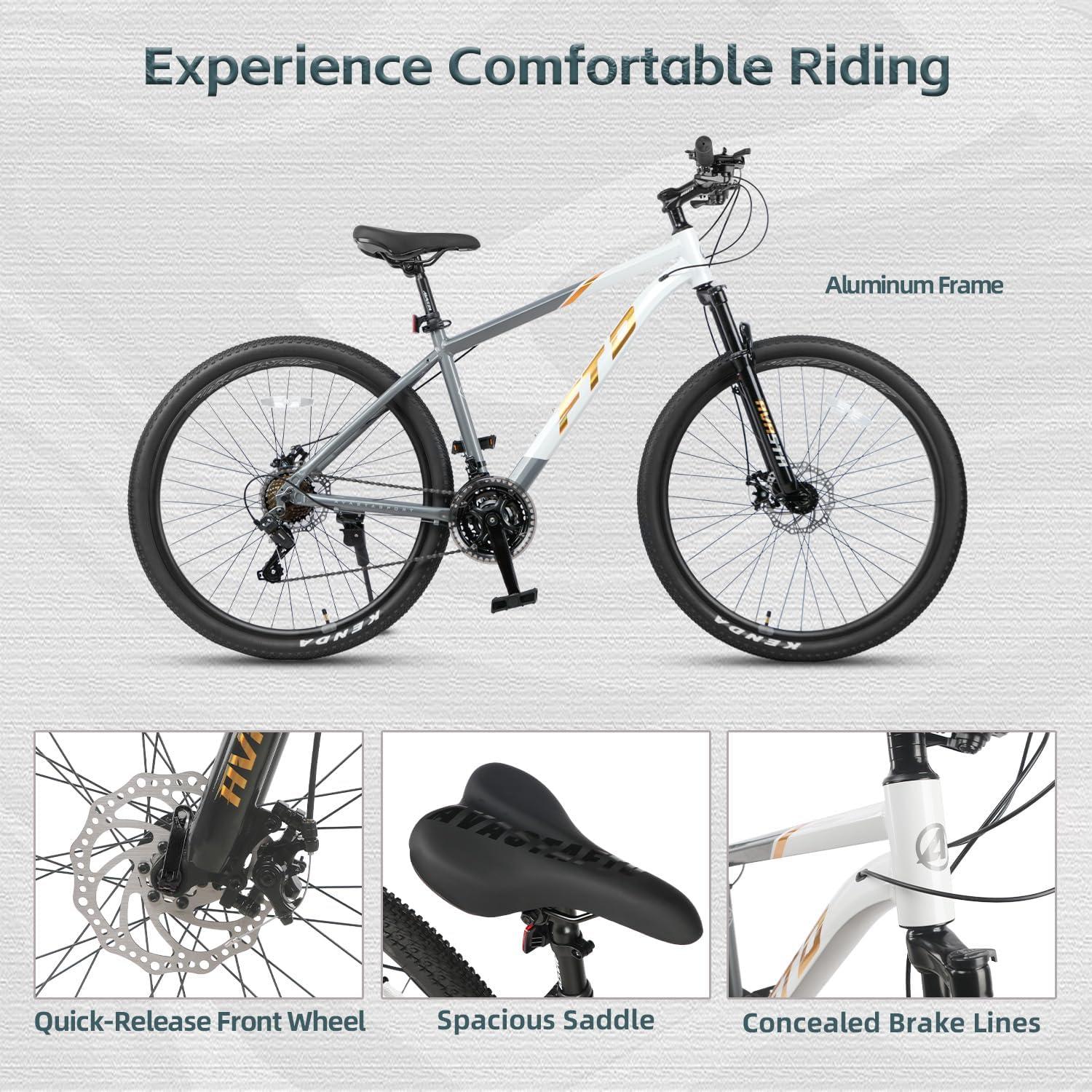 imageAVASTA Earth 26 275 inch Mountain Bike with 21Speed Aluminum Frame Dual Disc Brake Comfortable Saddle Multiple ColorsGolden