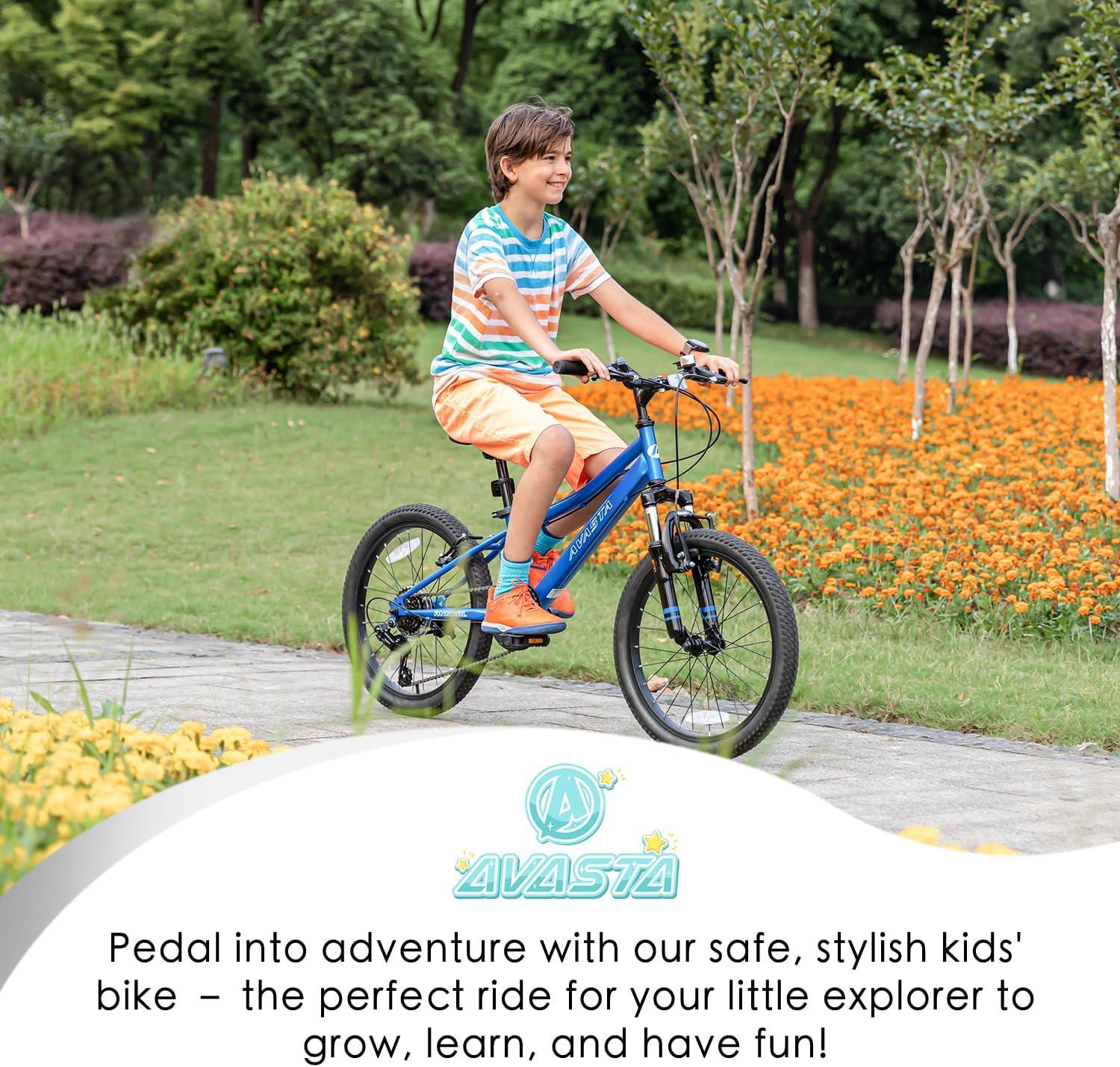 imageAVASTA Govet 20 Kids Mountain Bike for 612 Years Old Boys Girls with Suspension Fork 6 Speeds Drivetrain Multiple ColorsBlue