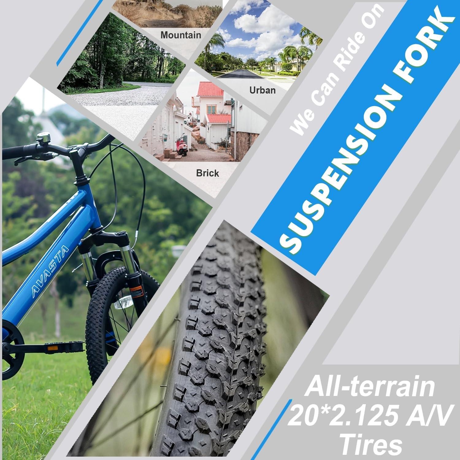 imageAVASTA Govet 20 Kids Mountain Bike for 612 Years Old Boys Girls with Suspension Fork 6 Speeds Drivetrain Multiple ColorsBlue