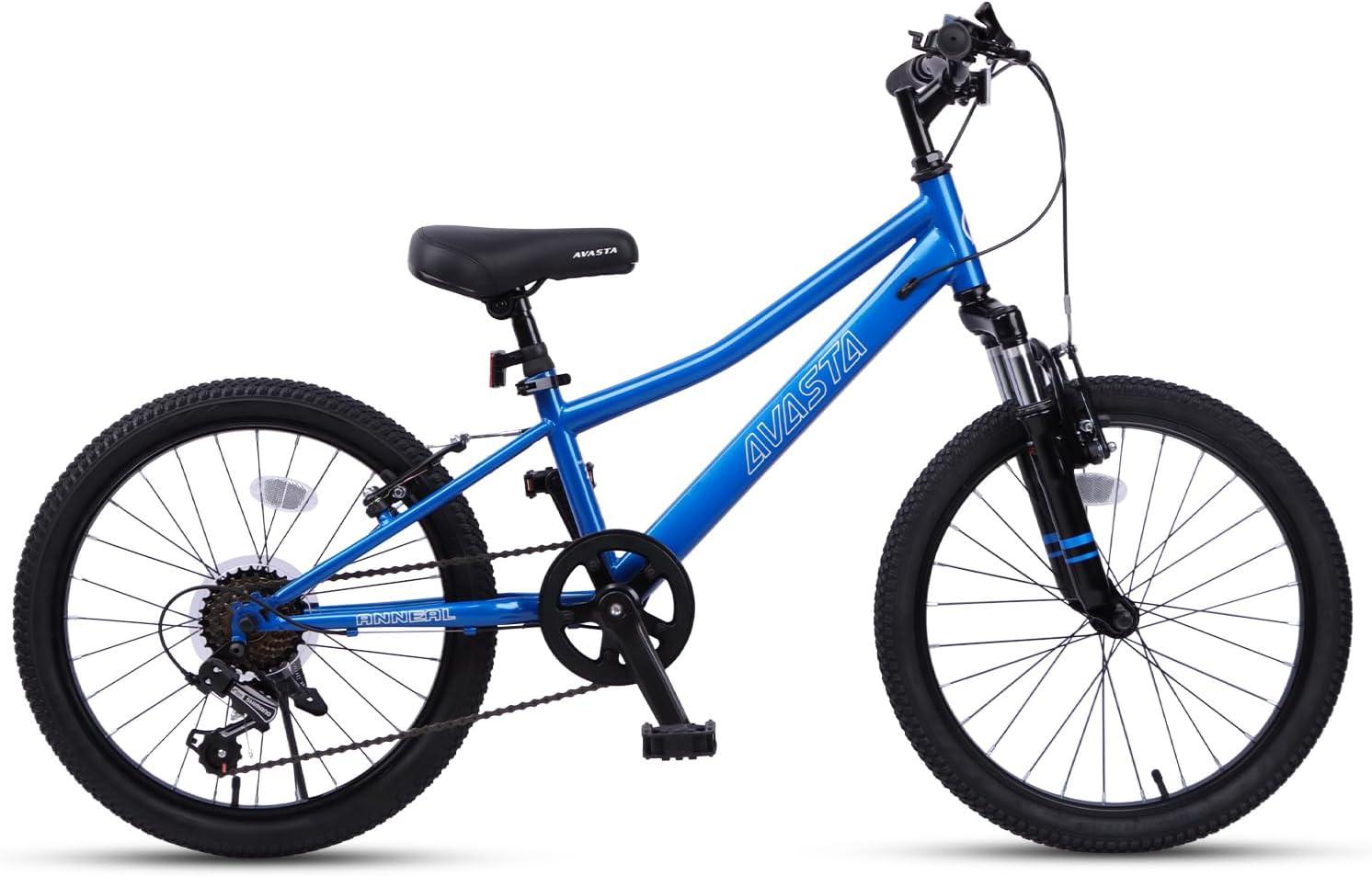 imageAVASTA Govet 20 Kids Mountain Bike for 612 Years Old Boys Girls with Suspension Fork 6 Speeds Drivetrain Multiple ColorsBlue