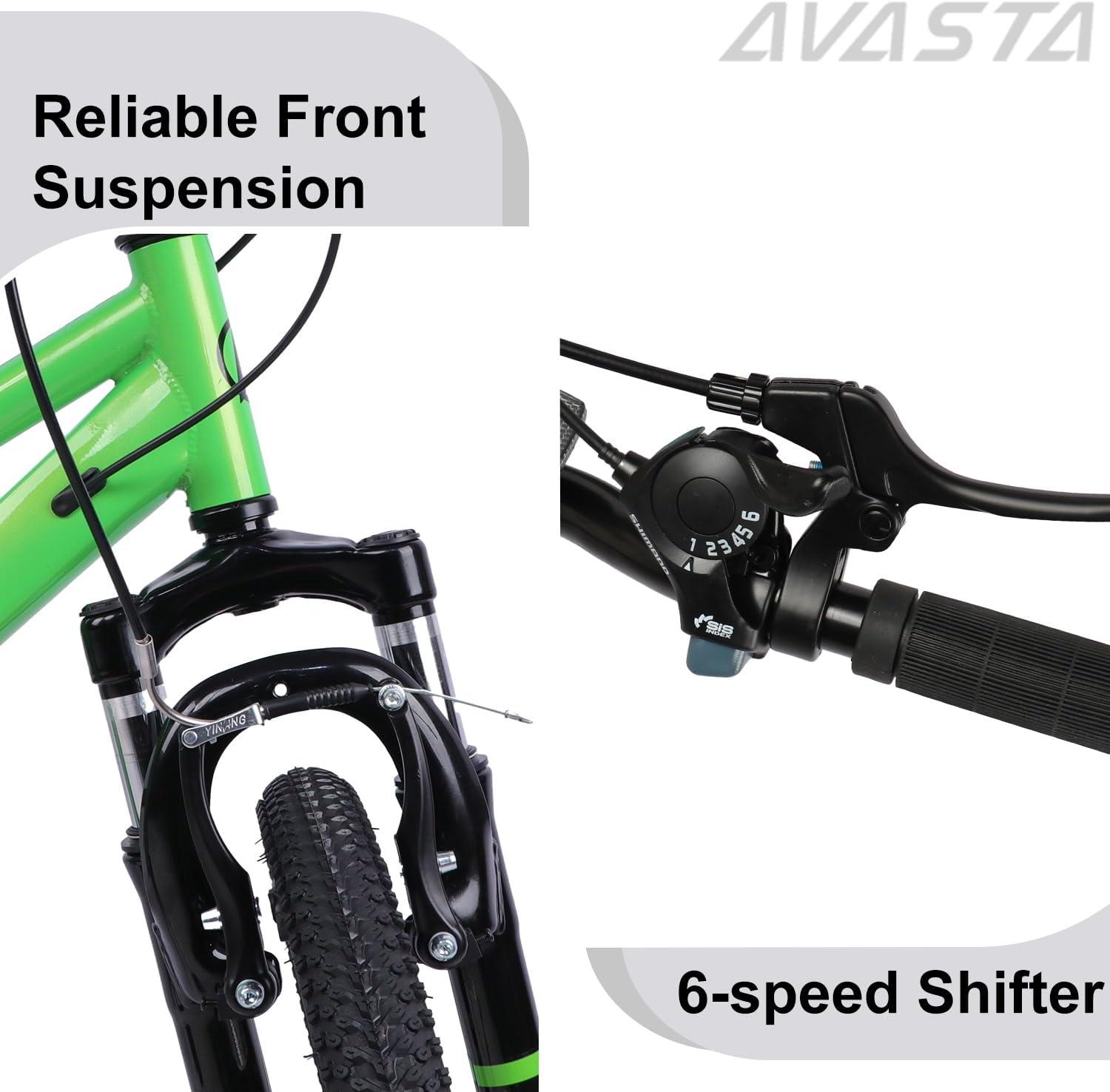 imageAVASTA Govet 20 Kids Mountain Bike for 612 Years Old Boys Girls with Suspension Fork 6 Speeds Drivetrain Multiple ColorsGreen
