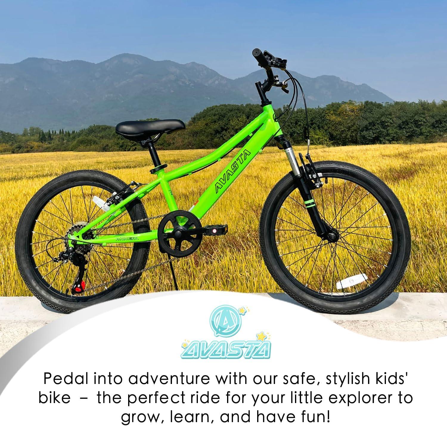 imageAVASTA Govet 20 Kids Mountain Bike for 612 Years Old Boys Girls with Suspension Fork 6 Speeds Drivetrain Multiple ColorsGreen