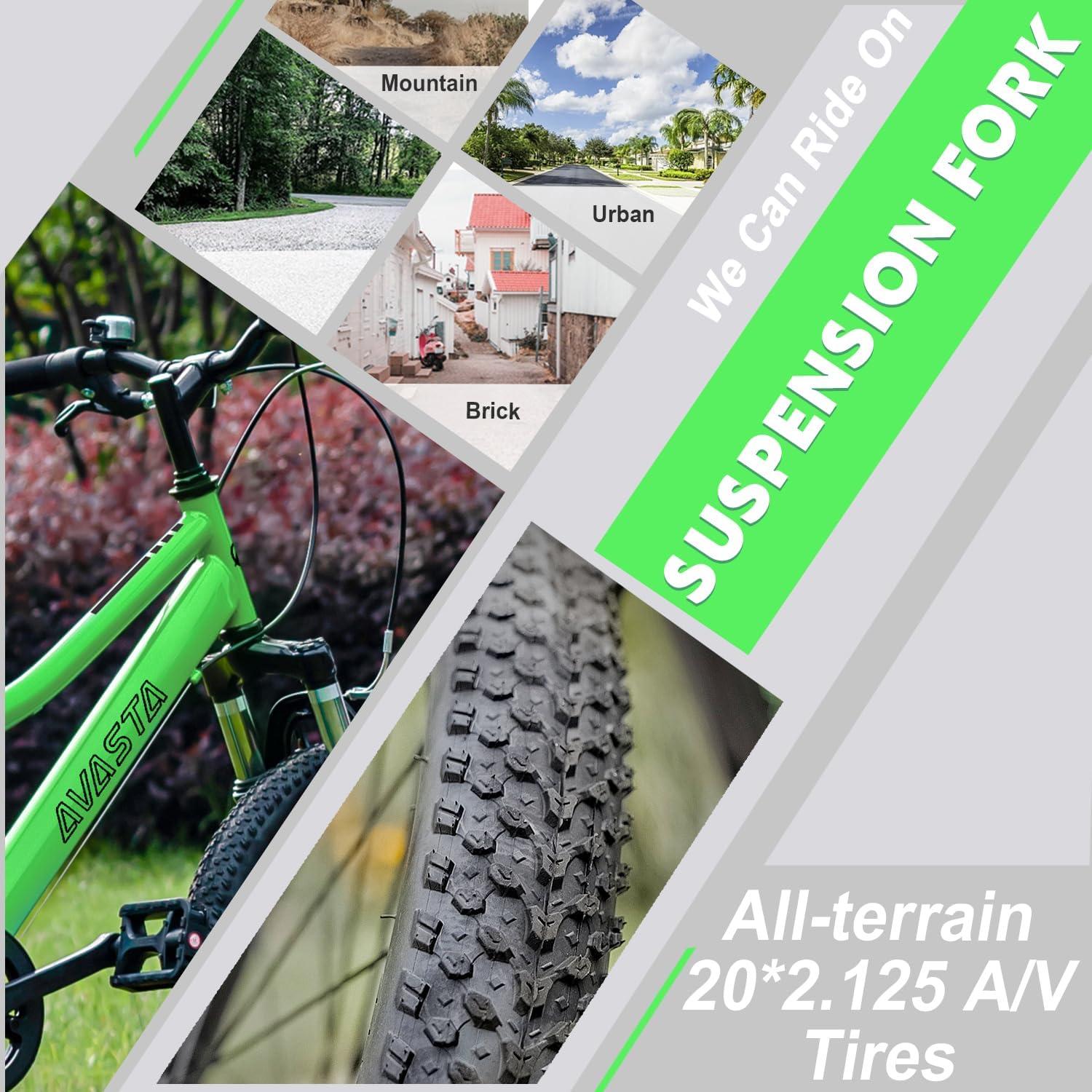 imageAVASTA Govet 20 Kids Mountain Bike for 612 Years Old Boys Girls with Suspension Fork 6 Speeds Drivetrain Multiple ColorsGreen