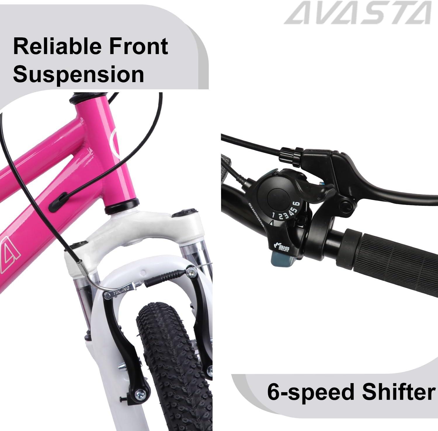 imageAVASTA Govet 20 Kids Mountain Bike for 612 Years Old Boys Girls with Suspension Fork 6 Speeds Drivetrain Multiple ColorsPink