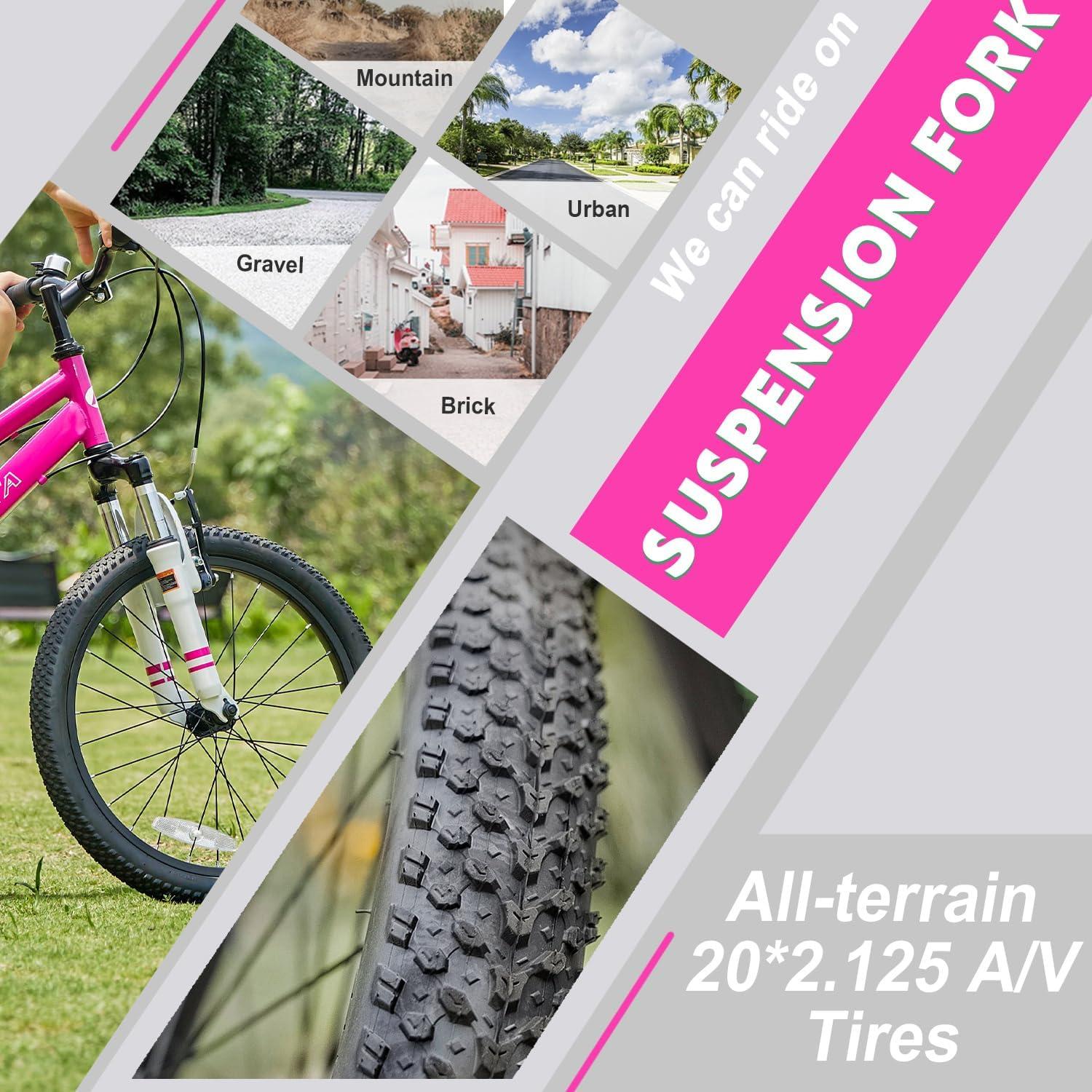 imageAVASTA Govet 20 Kids Mountain Bike for 612 Years Old Boys Girls with Suspension Fork 6 Speeds Drivetrain Multiple ColorsPink