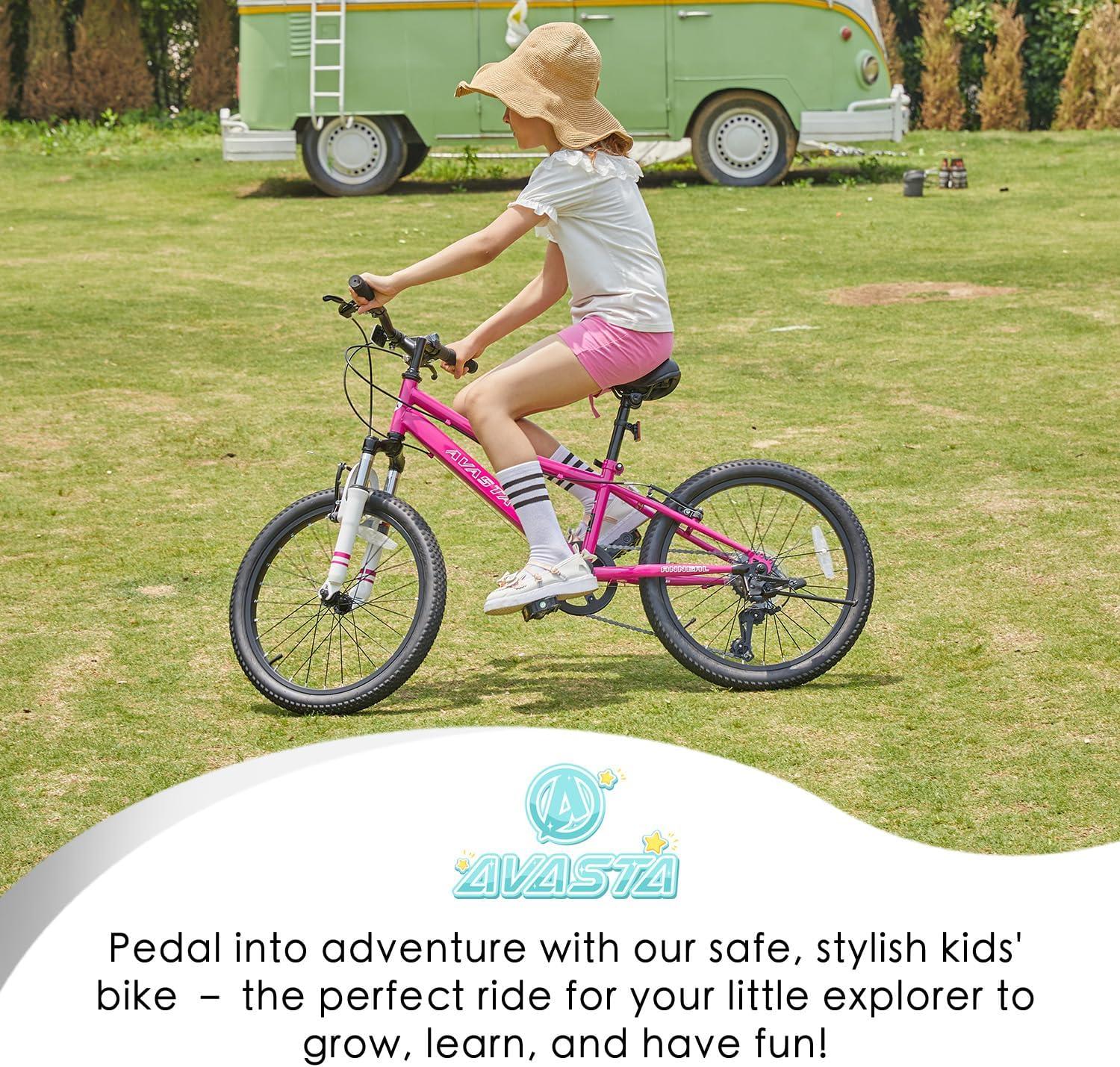 imageAVASTA Govet 20 Kids Mountain Bike for 612 Years Old Boys Girls with Suspension Fork 6 Speeds Drivetrain Multiple ColorsPink