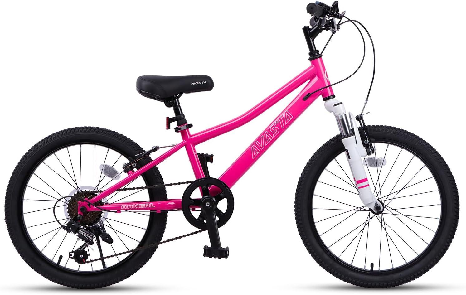 imageAVASTA Govet 20 Kids Mountain Bike for 612 Years Old Boys Girls with Suspension Fork 6 Speeds Drivetrain Multiple ColorsPink