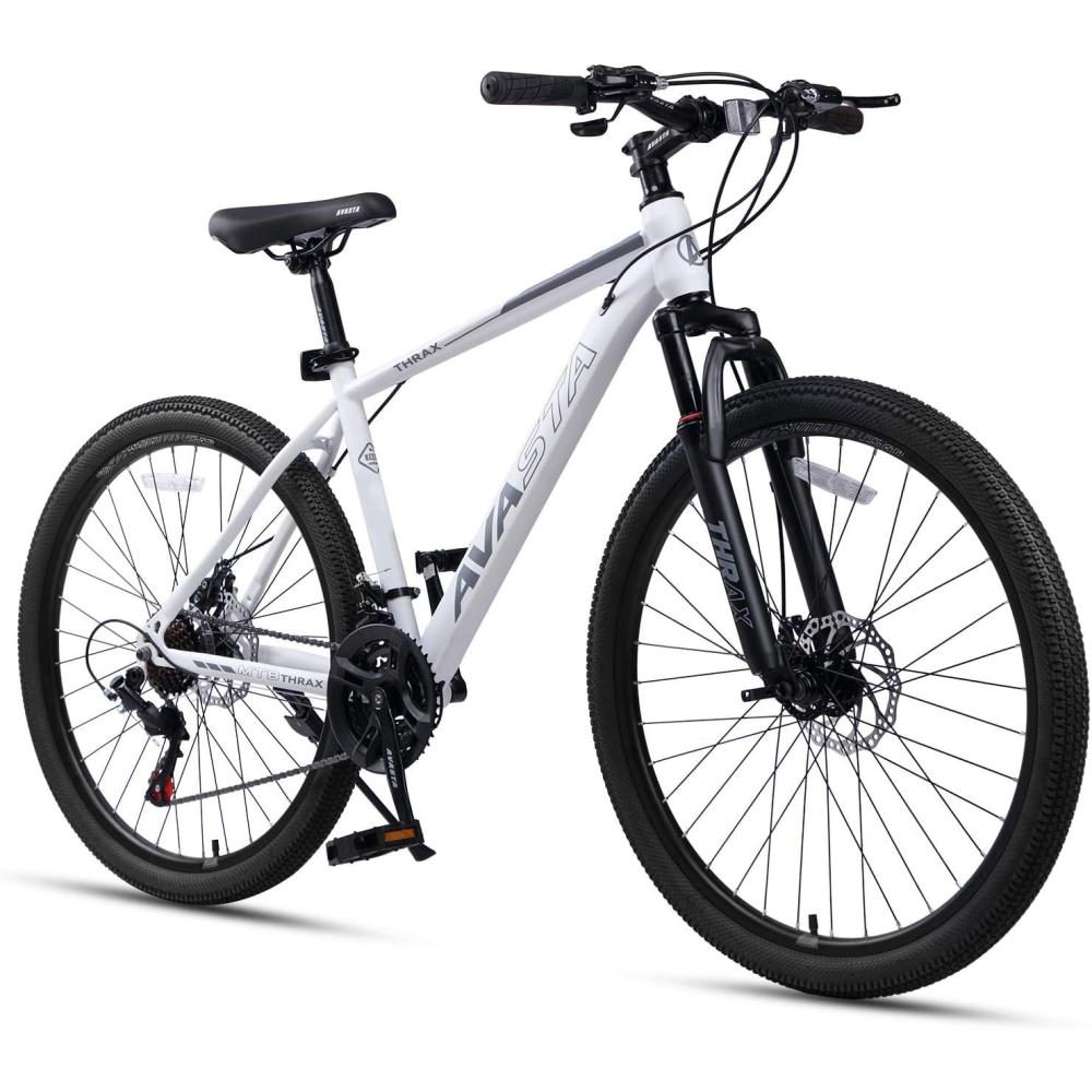 imageAVASTA Thrax 24 26 275 inch Mountain Bike with 21Speed High Tensile Steel Frame Dual Disc Brake Comfortable Saddle Multiple ColorsWhite
