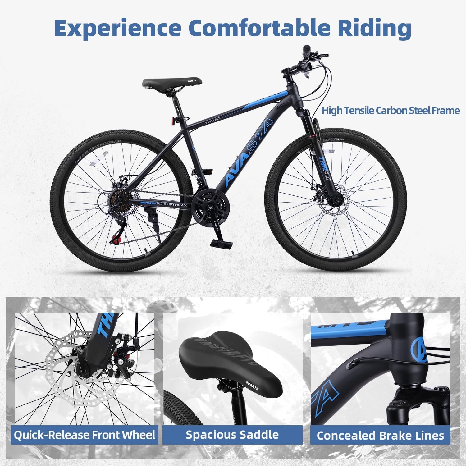 image:imageThrax 24 26 275 Inch Adult Men Male and Women MTB Mountain Bike High Tensile Steel Frame Dual Disc Brakes Front Suspension Smooth 21Speed Gear Shifters Half Hidden Brake CablesBlack