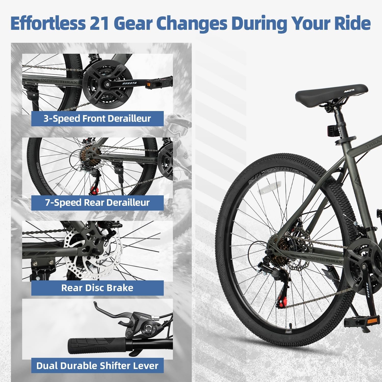 image:imageThrax 24 26 275 Inch Adult Men Male and Women MTB Mountain Bike High Tensile Steel Frame Dual Disc Brakes Front Suspension Smooth 21Speed Gear Shifters Half Hidden Brake CablesCharcoal Gray
