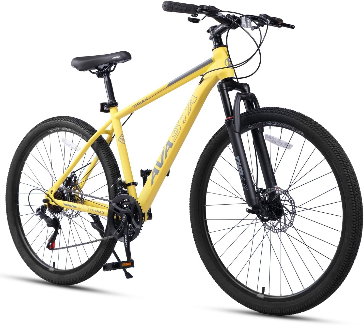 image:imageThrax 24 26 275 Inch Adult Men Male and Women MTB Mountain Bike High Tensile Steel Frame Dual Disc Brakes Front Suspension Smooth 21Speed Gear Shifters Half Hidden Brake CablesYellow