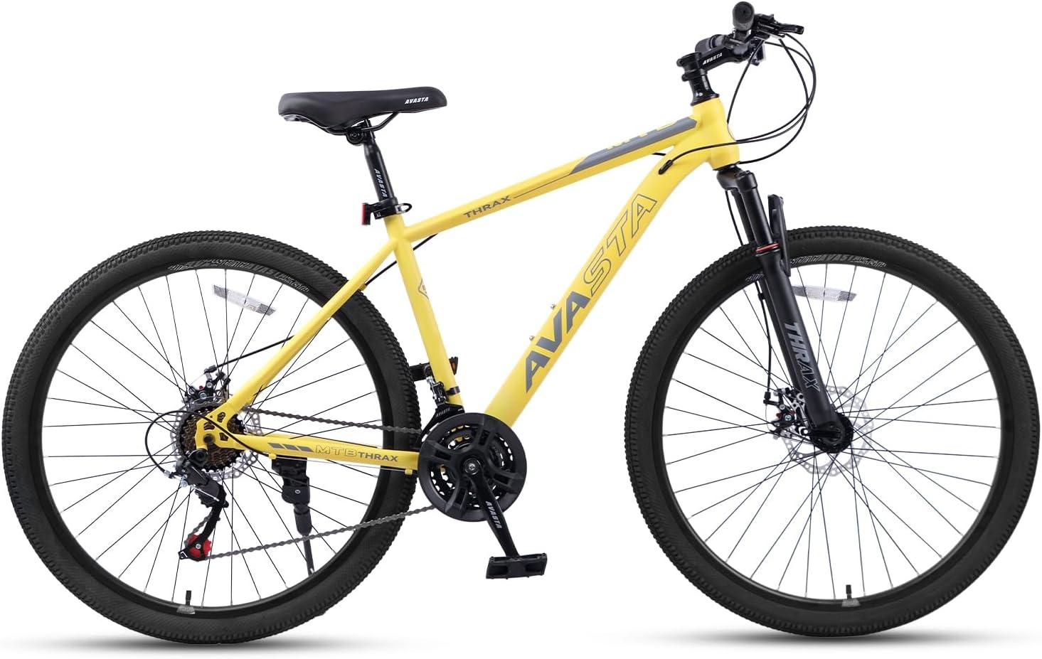 image:imageThrax 24 26 275 Inch Adult Men Male and Women MTB Mountain Bike High Tensile Steel Frame Dual Disc Brakes Front Suspension Smooth 21Speed Gear Shifters Half Hidden Brake CablesYellow