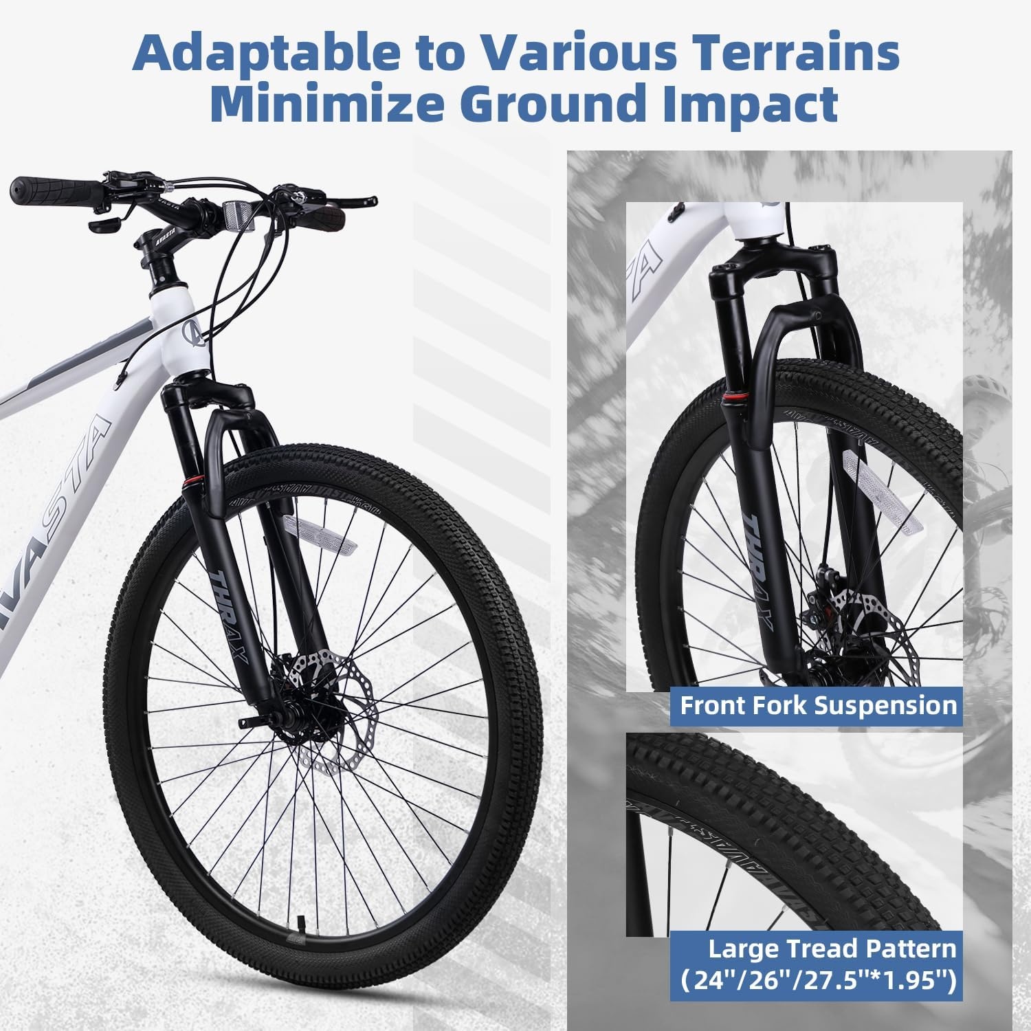 image:imageThrax 24 26 275 Inch Adult Men Male and Women MTB Mountain Bike High Tensile Steel Frame Dual Disc Brakes Front Suspension Smooth 21Speed Gear Shifters Half Hidden Brake CablesWhite