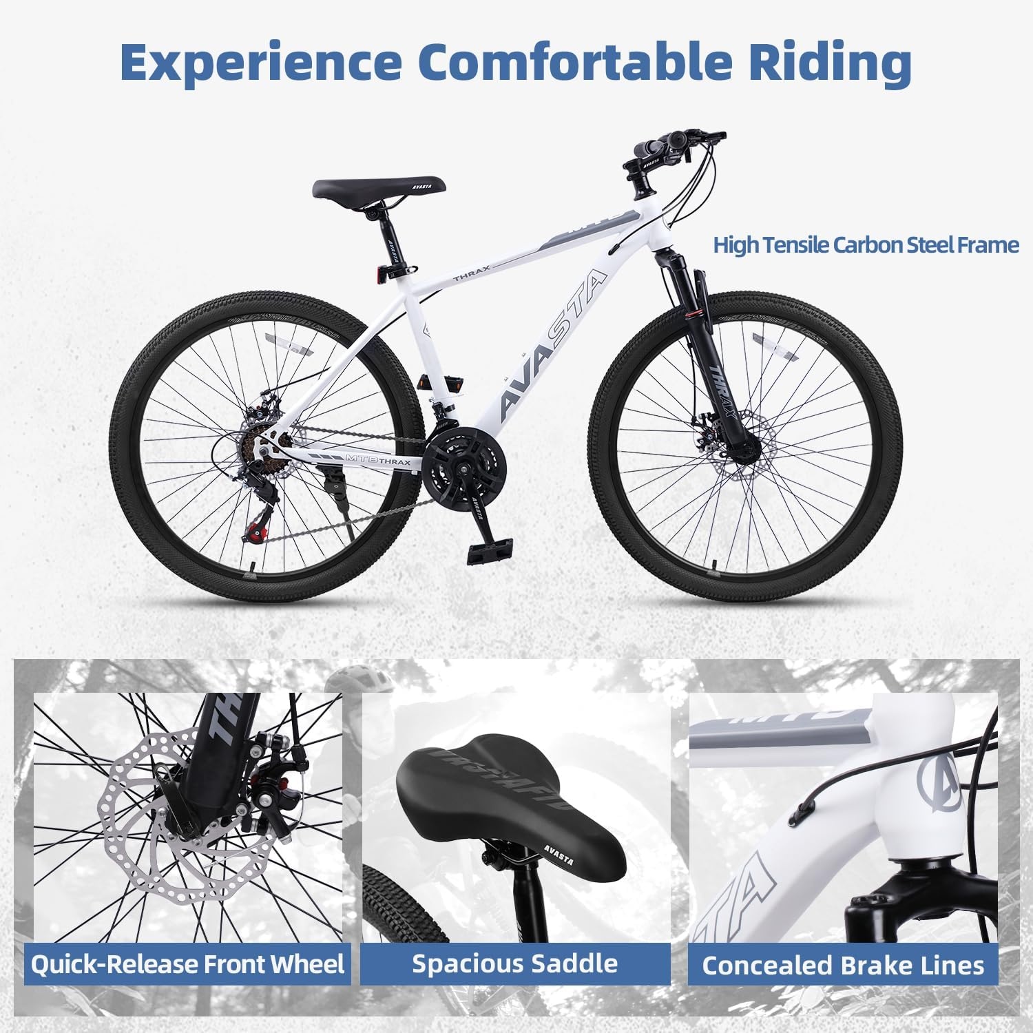 image:imageThrax 24 26 275 Inch Adult Men Male and Women MTB Mountain Bike High Tensile Steel Frame Dual Disc Brakes Front Suspension Smooth 21Speed Gear Shifters Half Hidden Brake CablesWhite