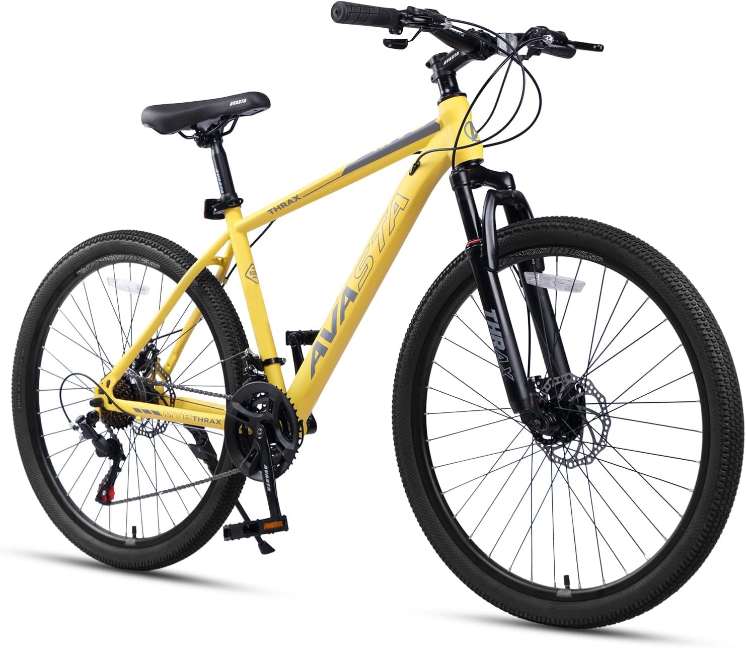 image:imageThrax 24 26 275 Inch Adult Men Male and Women MTB Mountain Bike High Tensile Steel Frame Dual Disc Brakes Front Suspension Smooth 21Speed Gear Shifters Half Hidden Brake CablesYellow