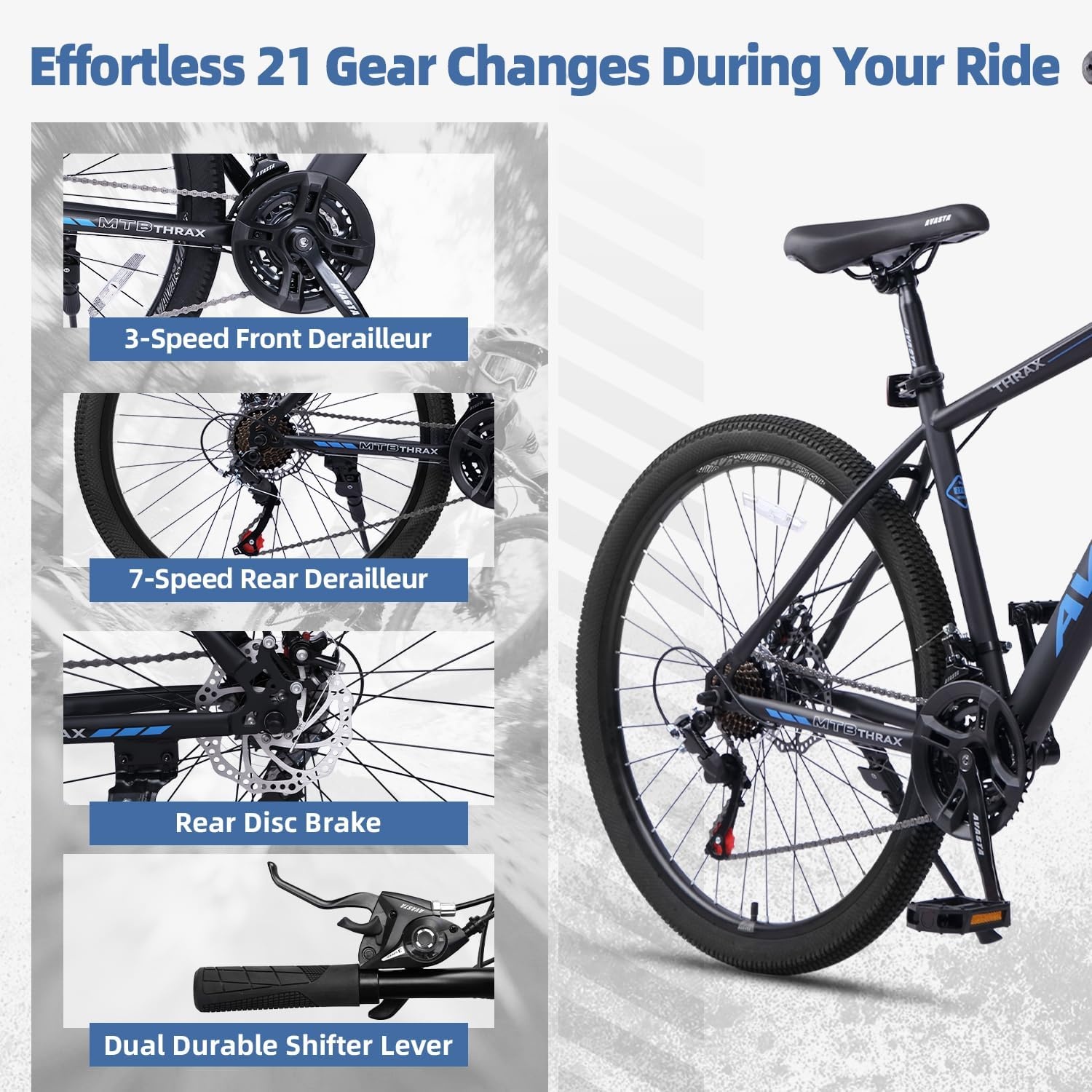 image:imageThrax 24 26 275 Inch Adult Men Male and Women MTB Mountain Bike High Tensile Steel Frame Dual Disc Brakes Front Suspension Smooth 21Speed Gear Shifters Half Hidden Brake CablesBlack