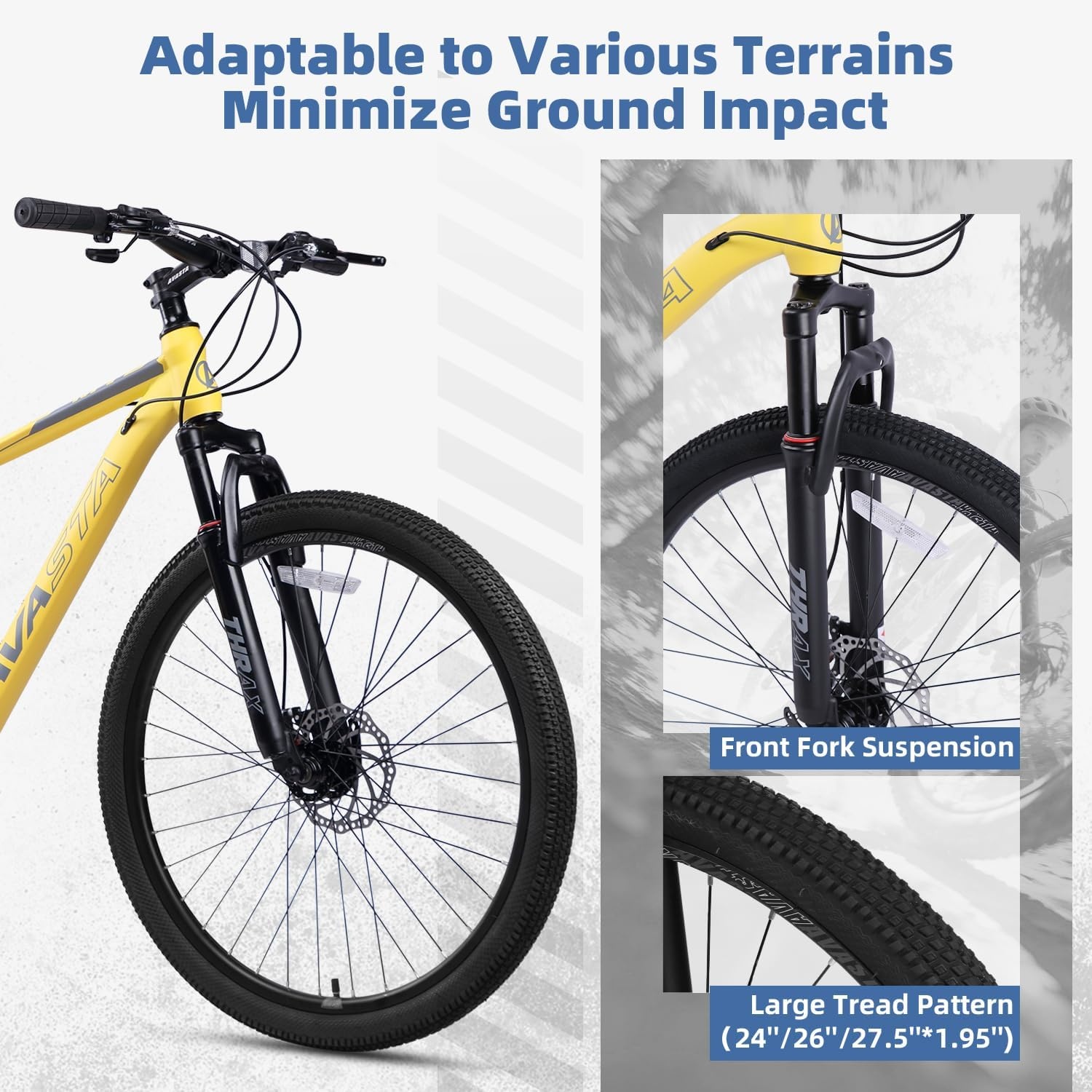 image:imageThrax 24 26 275 Inch Adult Men Male and Women MTB Mountain Bike High Tensile Steel Frame Dual Disc Brakes Front Suspension Smooth 21Speed Gear Shifters Half Hidden Brake CablesYellow