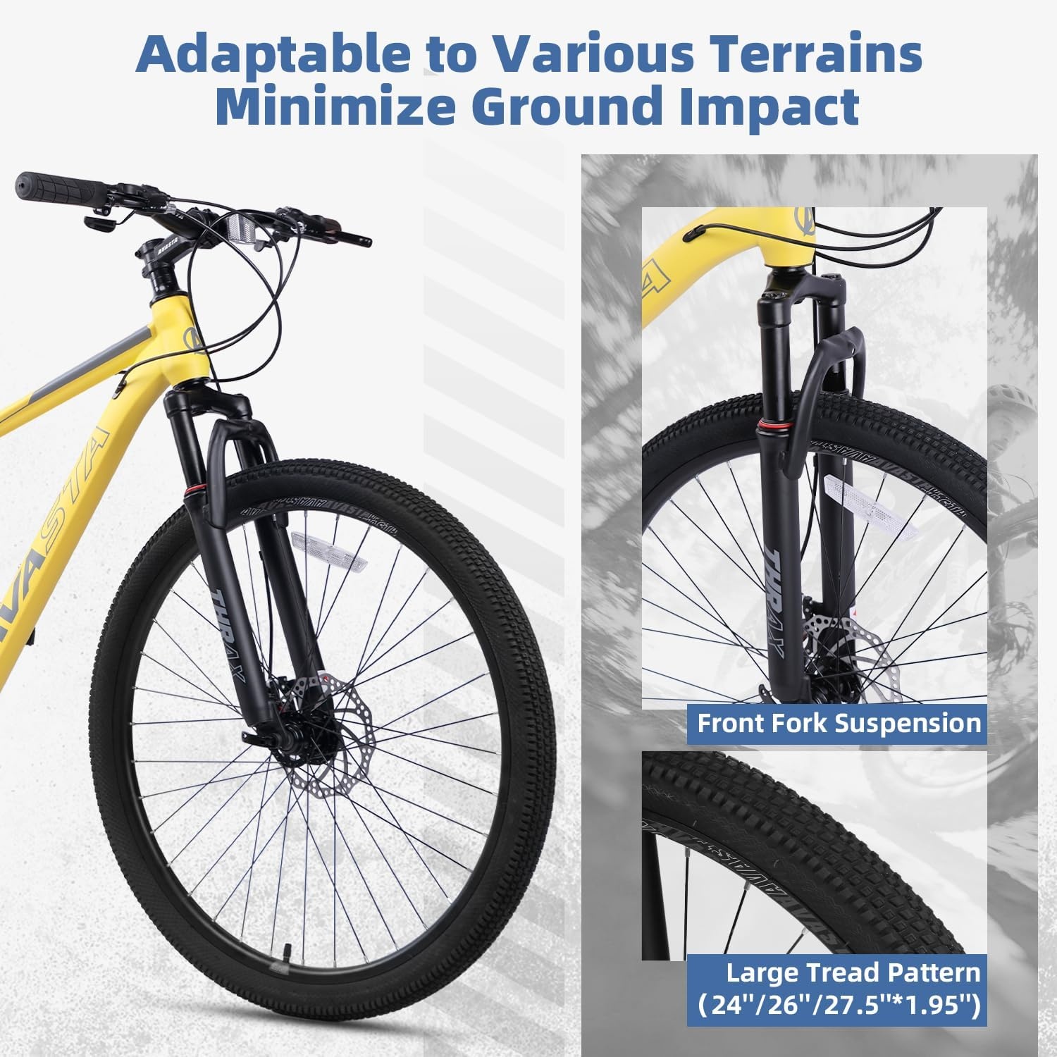 image:imageThrax 24 26 275 Inch Adult Men Male and Women MTB Mountain Bike High Tensile Steel Frame Dual Disc Brakes Front Suspension Smooth 21Speed Gear Shifters Half Hidden Brake CablesYellow