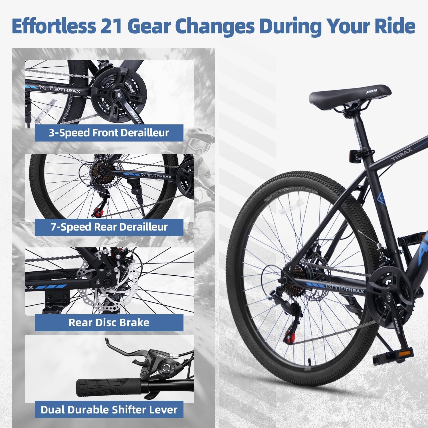 image:imageThrax 24 26 275 Inch Adult Men Male and Women MTB Mountain Bike High Tensile Steel Frame Dual Disc Brakes Front Suspension Smooth 21Speed Gear Shifters Half Hidden Brake CablesBlack
