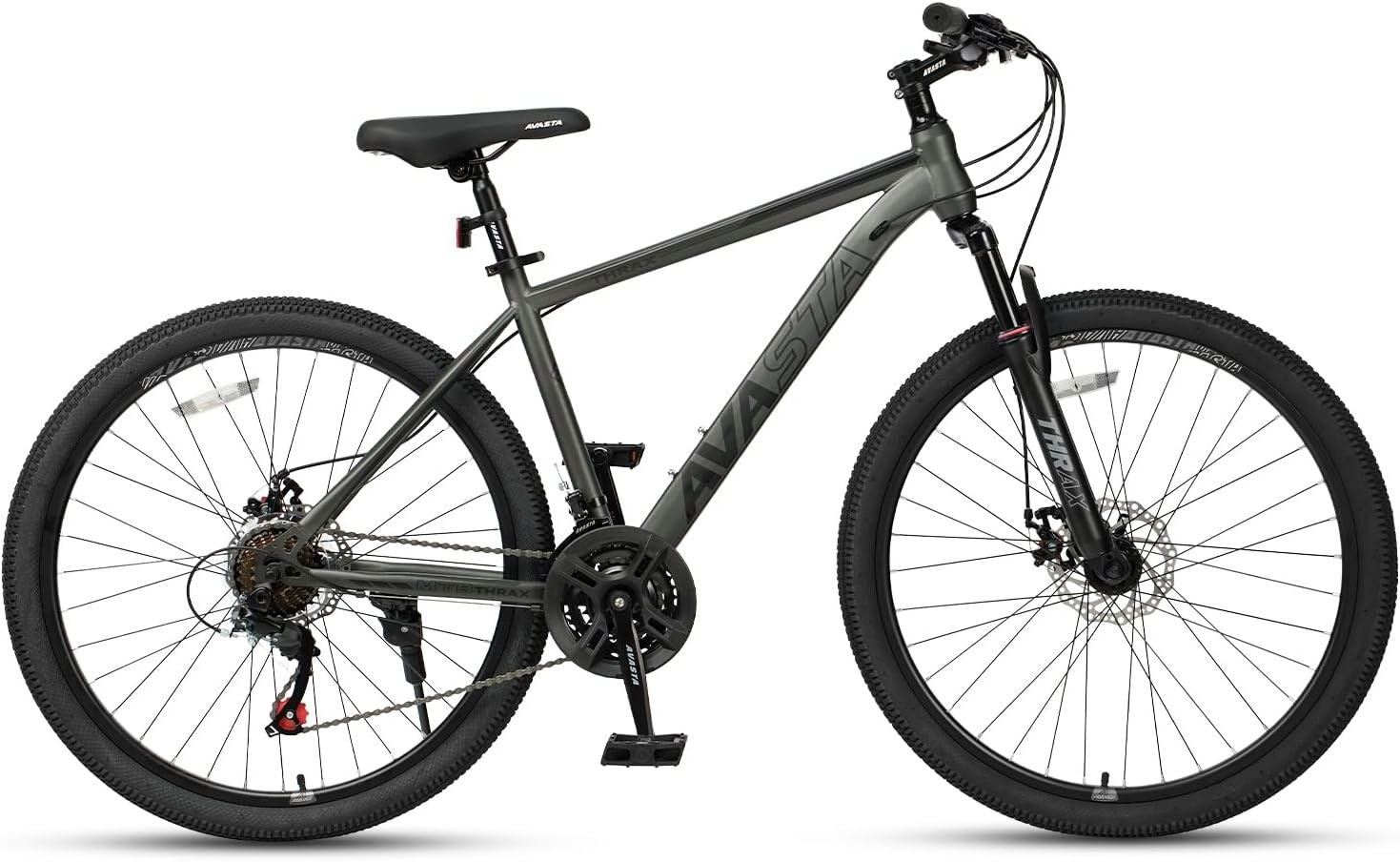 image:imageThrax 24 26 275 Inch Adult Men Male and Women MTB Mountain Bike High Tensile Steel Frame Dual Disc Brakes Front Suspension Smooth 21Speed Gear Shifters Half Hidden Brake CablesCharcoal Gray