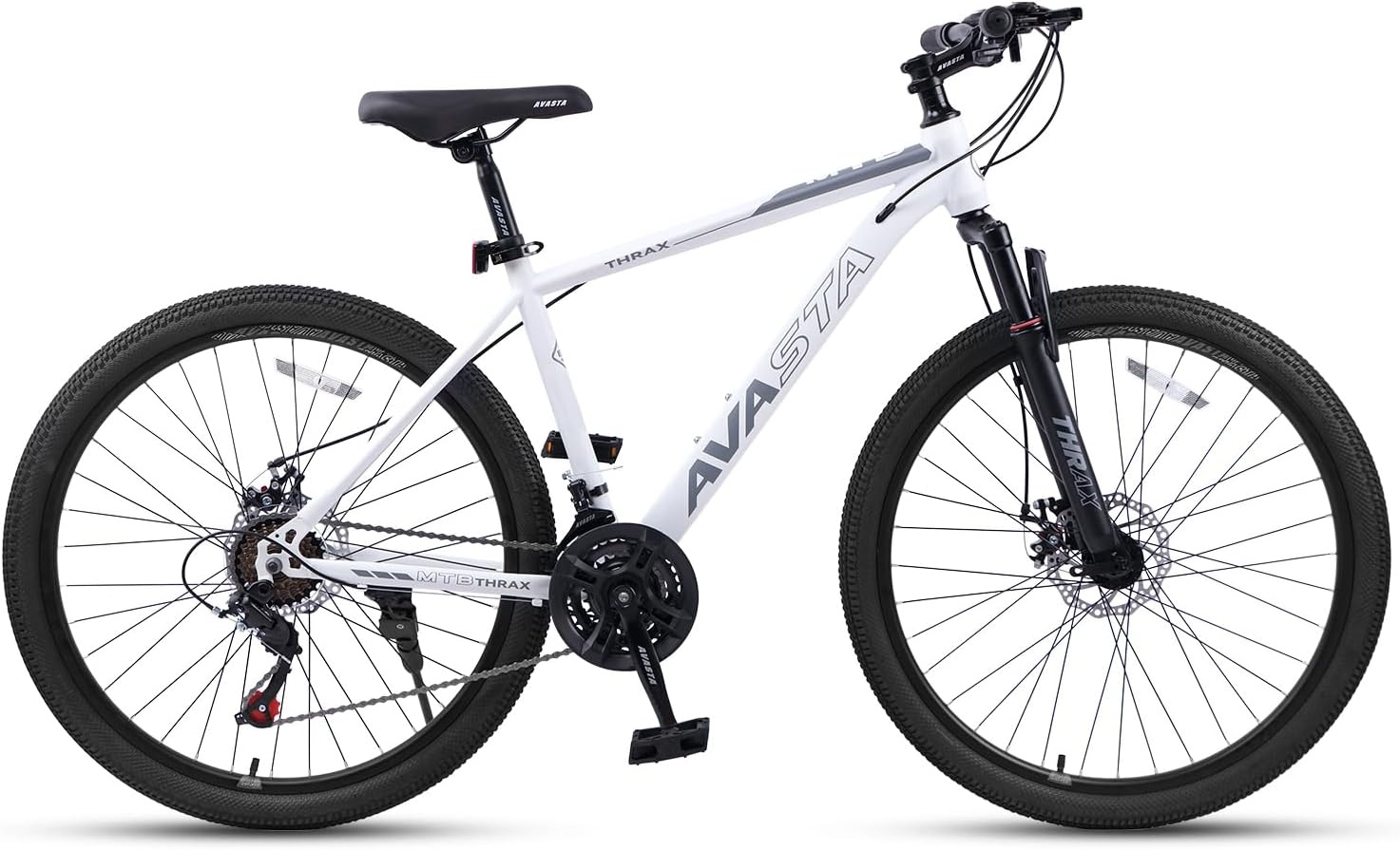 image:imageThrax 24 26 275 Inch Adult Men Male and Women MTB Mountain Bike High Tensile Steel Frame Dual Disc Brakes Front Suspension Smooth 21Speed Gear Shifters Half Hidden Brake CablesWhite