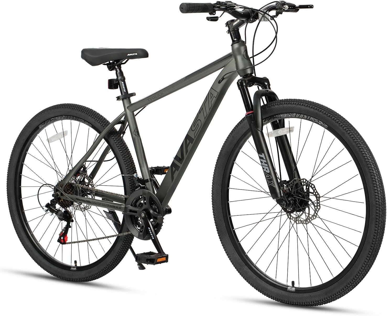 image:imageThrax 24 26 275 Inch Adult Men Male and Women MTB Mountain Bike High Tensile Steel Frame Dual Disc Brakes Front Suspension Smooth 21Speed Gear Shifters Half Hidden Brake CablesCharcoal Gray
