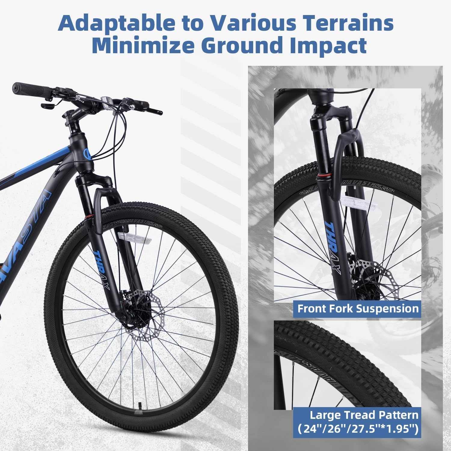 image:imageThrax 24 26 275 Inch Adult Men Male and Women MTB Mountain Bike High Tensile Steel Frame Dual Disc Brakes Front Suspension Smooth 21Speed Gear Shifters Half Hidden Brake CablesBlack