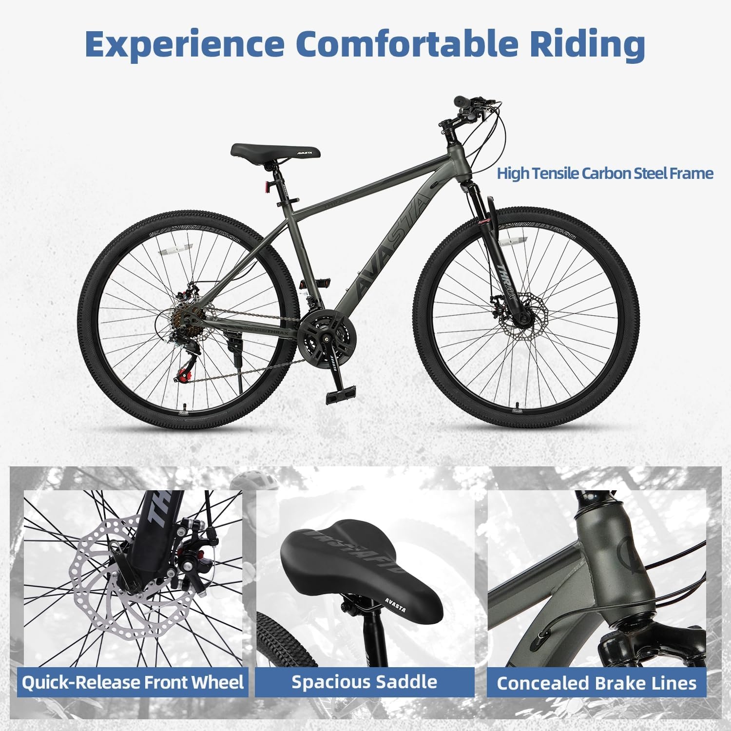 image:imageThrax 24 26 275 Inch Adult Men Male and Women MTB Mountain Bike High Tensile Steel Frame Dual Disc Brakes Front Suspension Smooth 21Speed Gear Shifters Half Hidden Brake CablesCharcoal Gray
