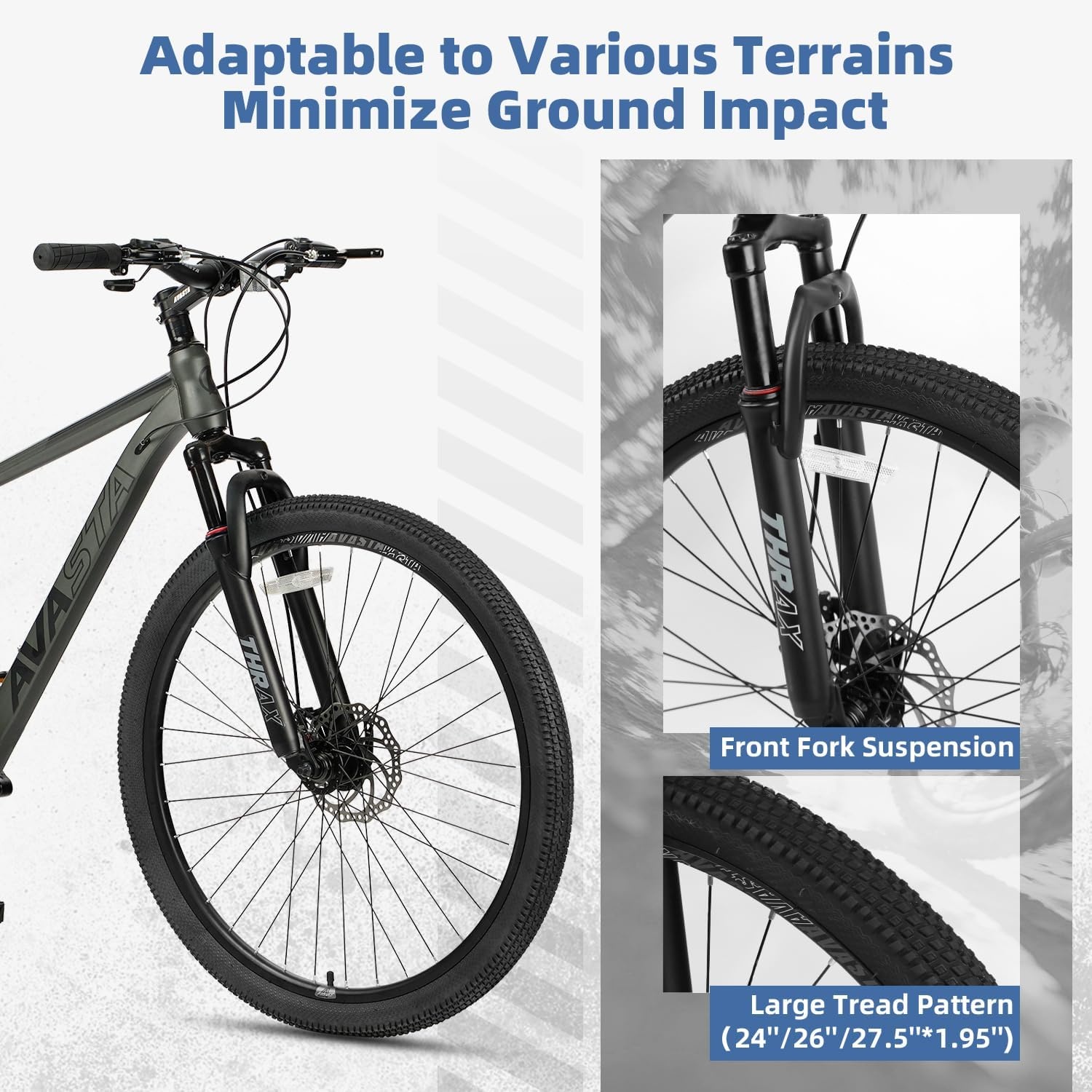 image:imageThrax 24 26 275 Inch Adult Men Male and Women MTB Mountain Bike High Tensile Steel Frame Dual Disc Brakes Front Suspension Smooth 21Speed Gear Shifters Half Hidden Brake CablesCharcoal Gray