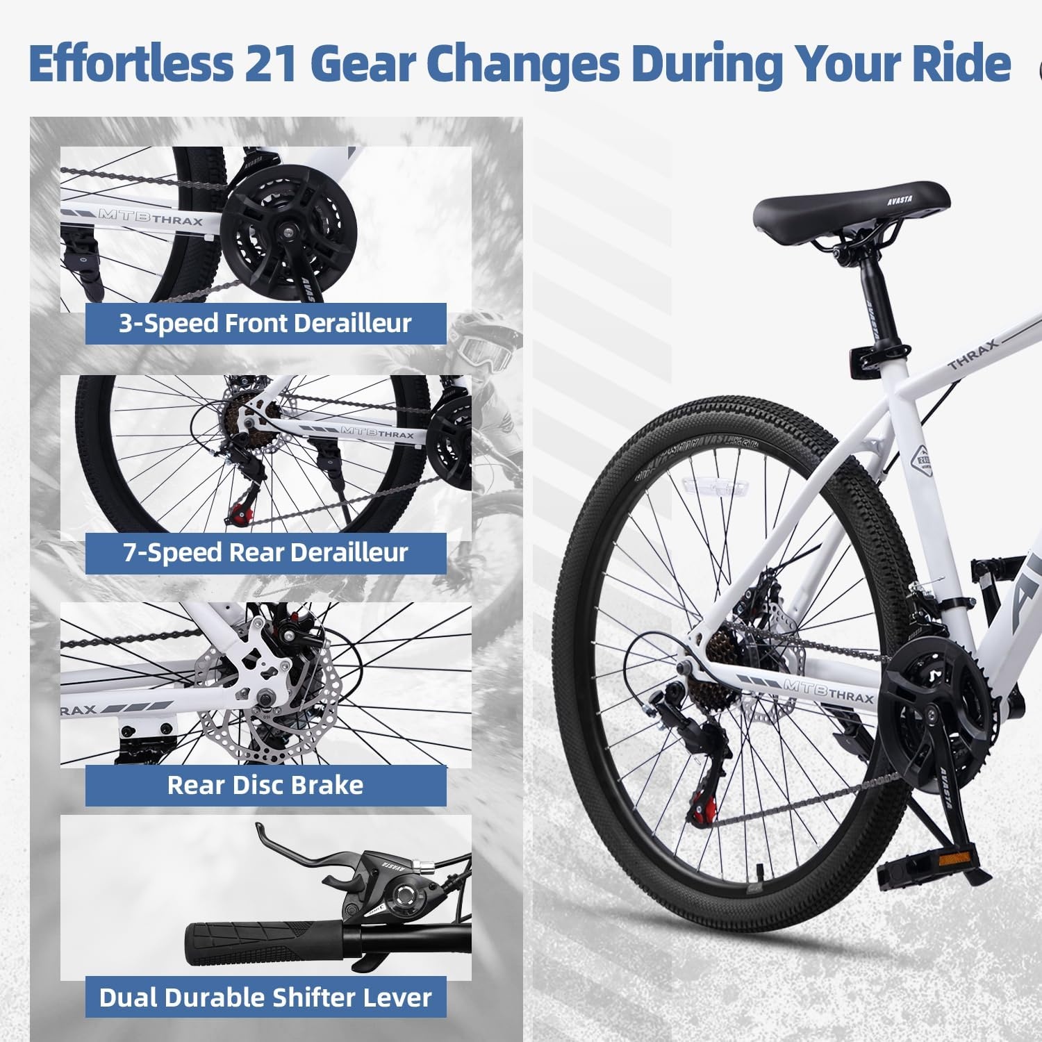 image:imageThrax 24 26 275 Inch Adult Men Male and Women MTB Mountain Bike High Tensile Steel Frame Dual Disc Brakes Front Suspension Smooth 21Speed Gear Shifters Half Hidden Brake CablesWhite
