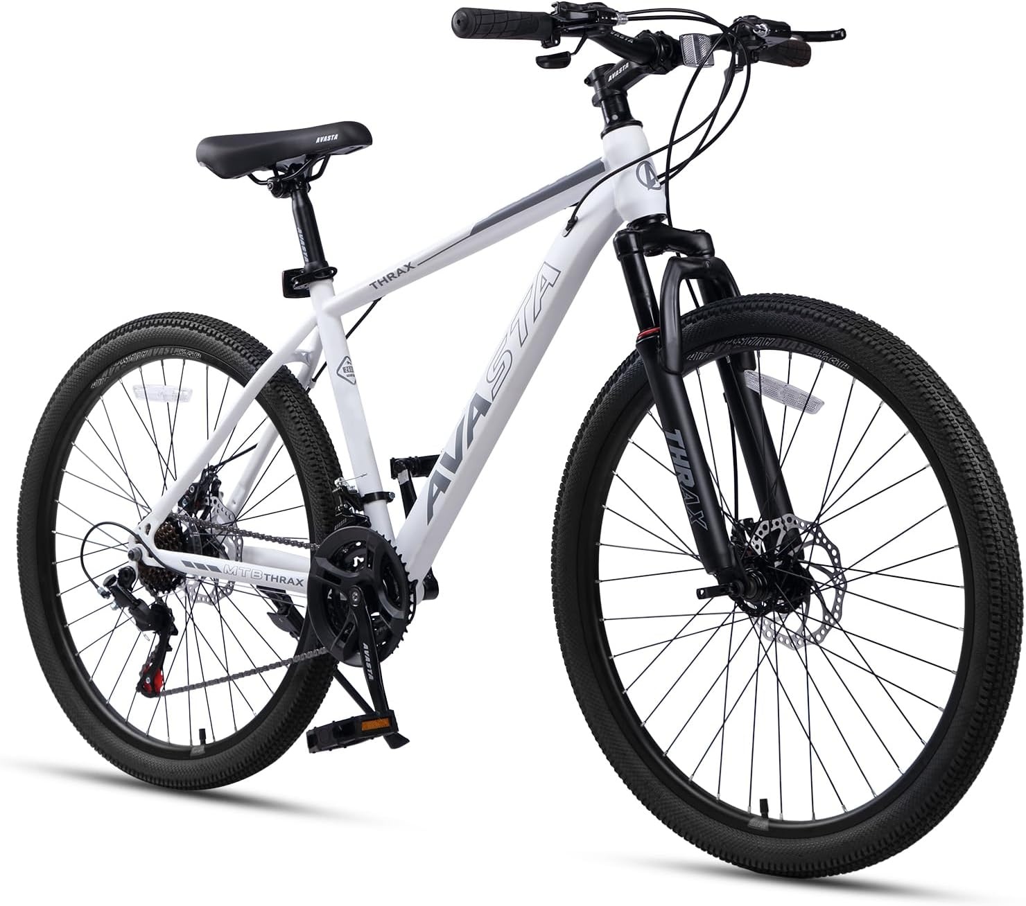 image:imageThrax 24 26 275 Inch Adult Men Male and Women MTB Mountain Bike High Tensile Steel Frame Dual Disc Brakes Front Suspension Smooth 21Speed Gear Shifters Half Hidden Brake CablesWhite