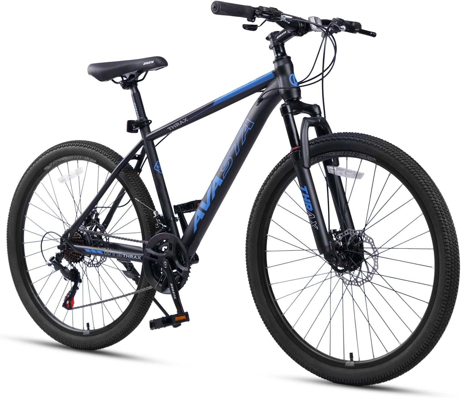 image:imageThrax 24 26 275 Inch Adult Men Male and Women MTB Mountain Bike High Tensile Steel Frame Dual Disc Brakes Front Suspension Smooth 21Speed Gear Shifters Half Hidden Brake CablesBlack