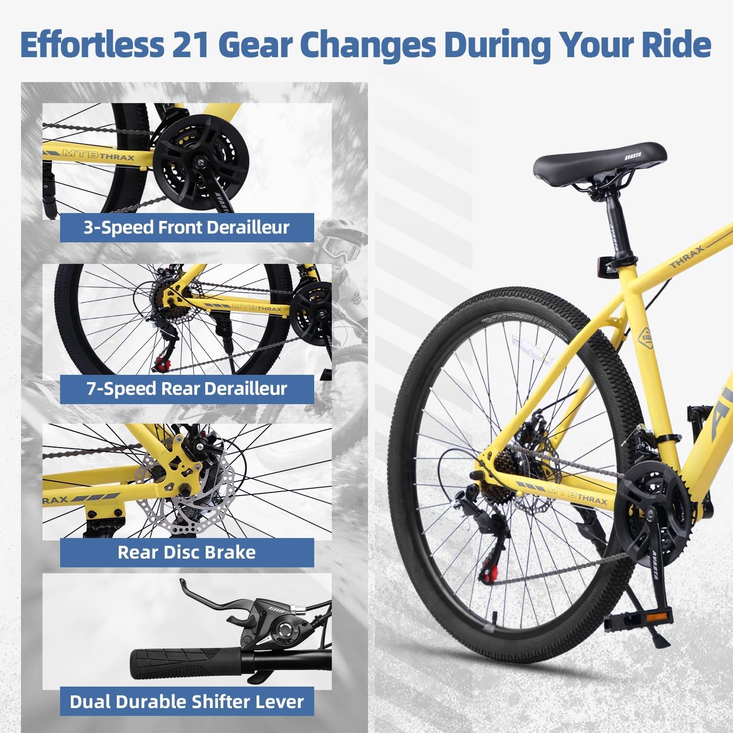 image:imageThrax 24 26 275 Inch Adult Men Male and Women MTB Mountain Bike High Tensile Steel Frame Dual Disc Brakes Front Suspension Smooth 21Speed Gear Shifters Half Hidden Brake CablesYellow