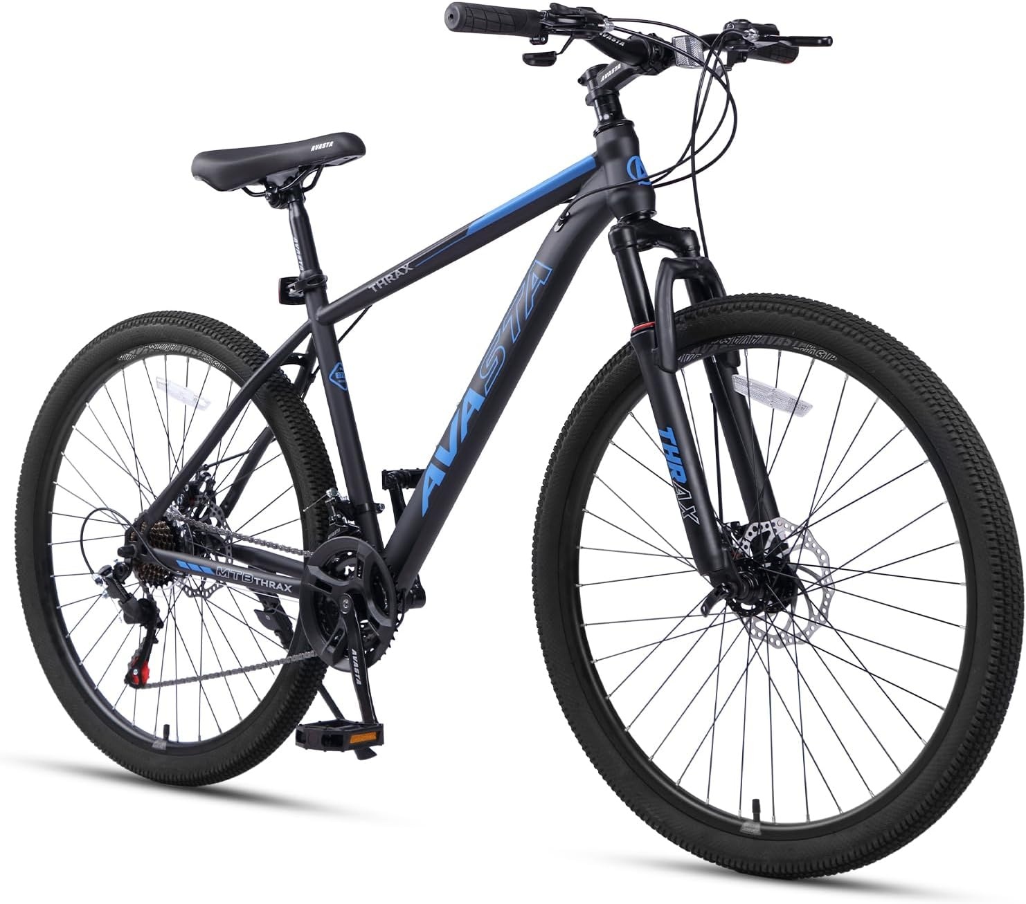 image:imageThrax 24 26 275 Inch Adult Men Male and Women MTB Mountain Bike High Tensile Steel Frame Dual Disc Brakes Front Suspension Smooth 21Speed Gear Shifters Half Hidden Brake CablesBlack