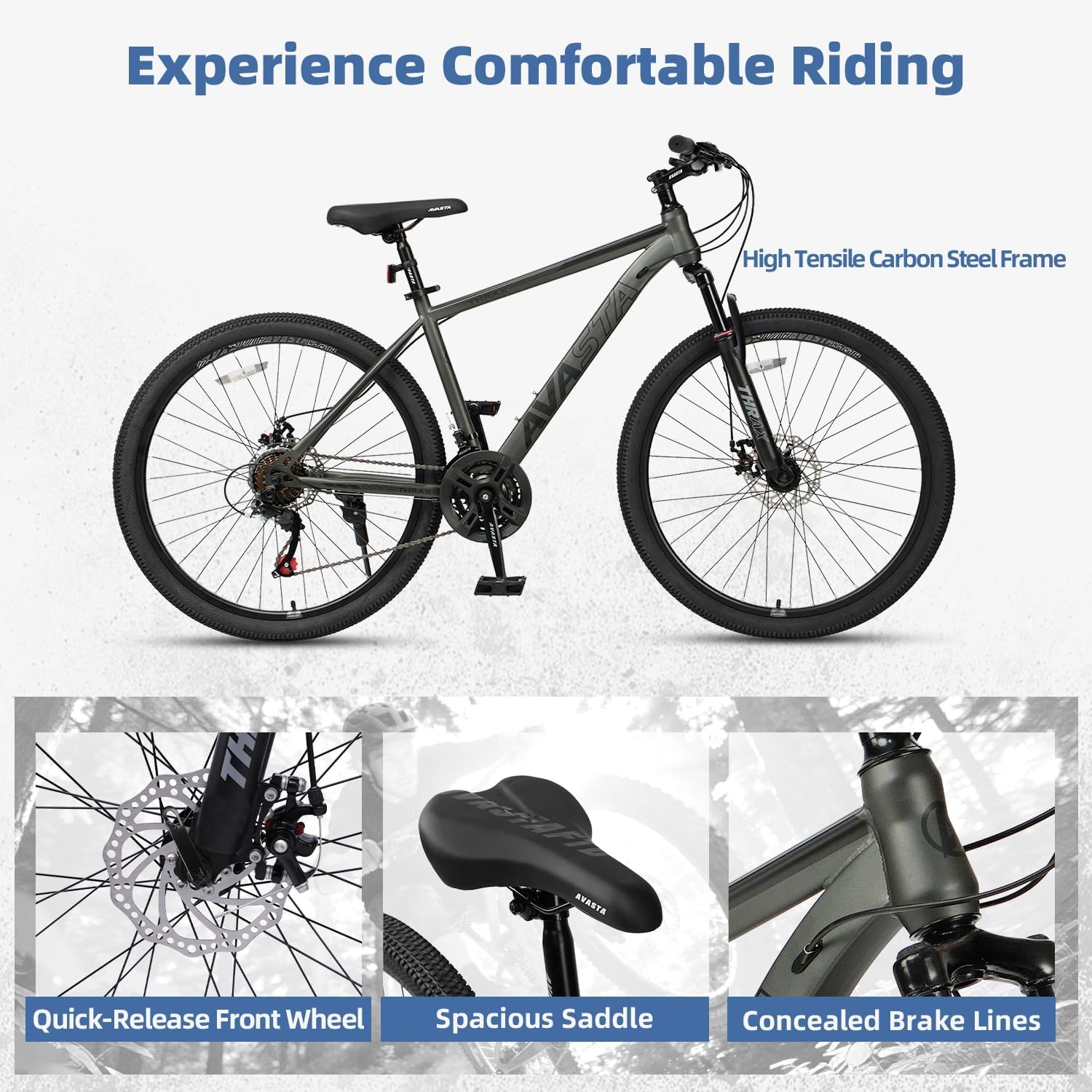 image:imageThrax 24 26 275 Inch Adult Men Male and Women MTB Mountain Bike High Tensile Steel Frame Dual Disc Brakes Front Suspension Smooth 21Speed Gear Shifters Half Hidden Brake CablesCharcoal Gray