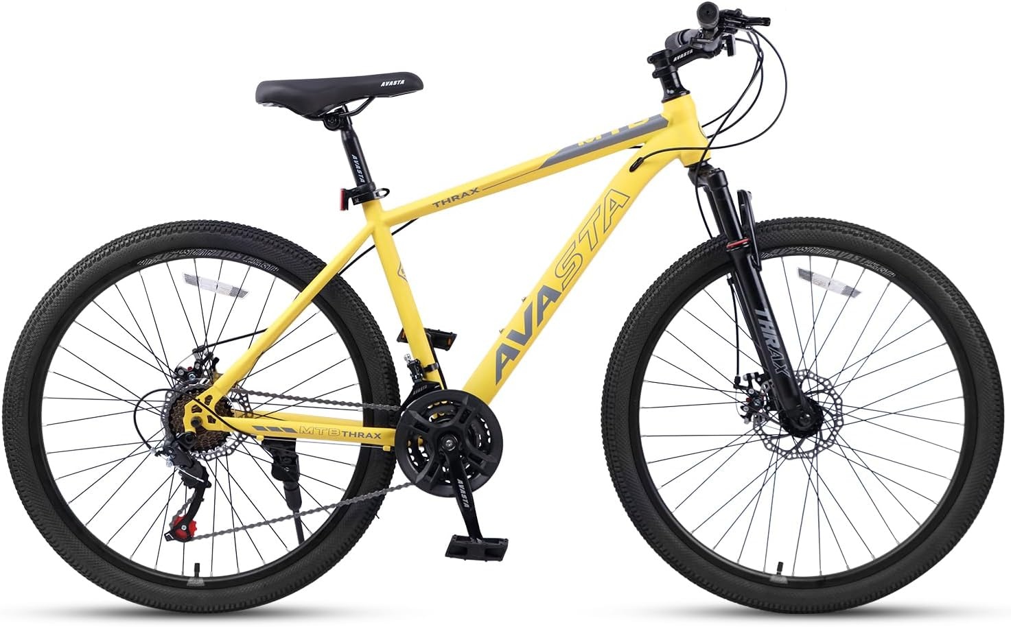 image:imageThrax 24 26 275 Inch Adult Men Male and Women MTB Mountain Bike High Tensile Steel Frame Dual Disc Brakes Front Suspension Smooth 21Speed Gear Shifters Half Hidden Brake CablesYellow