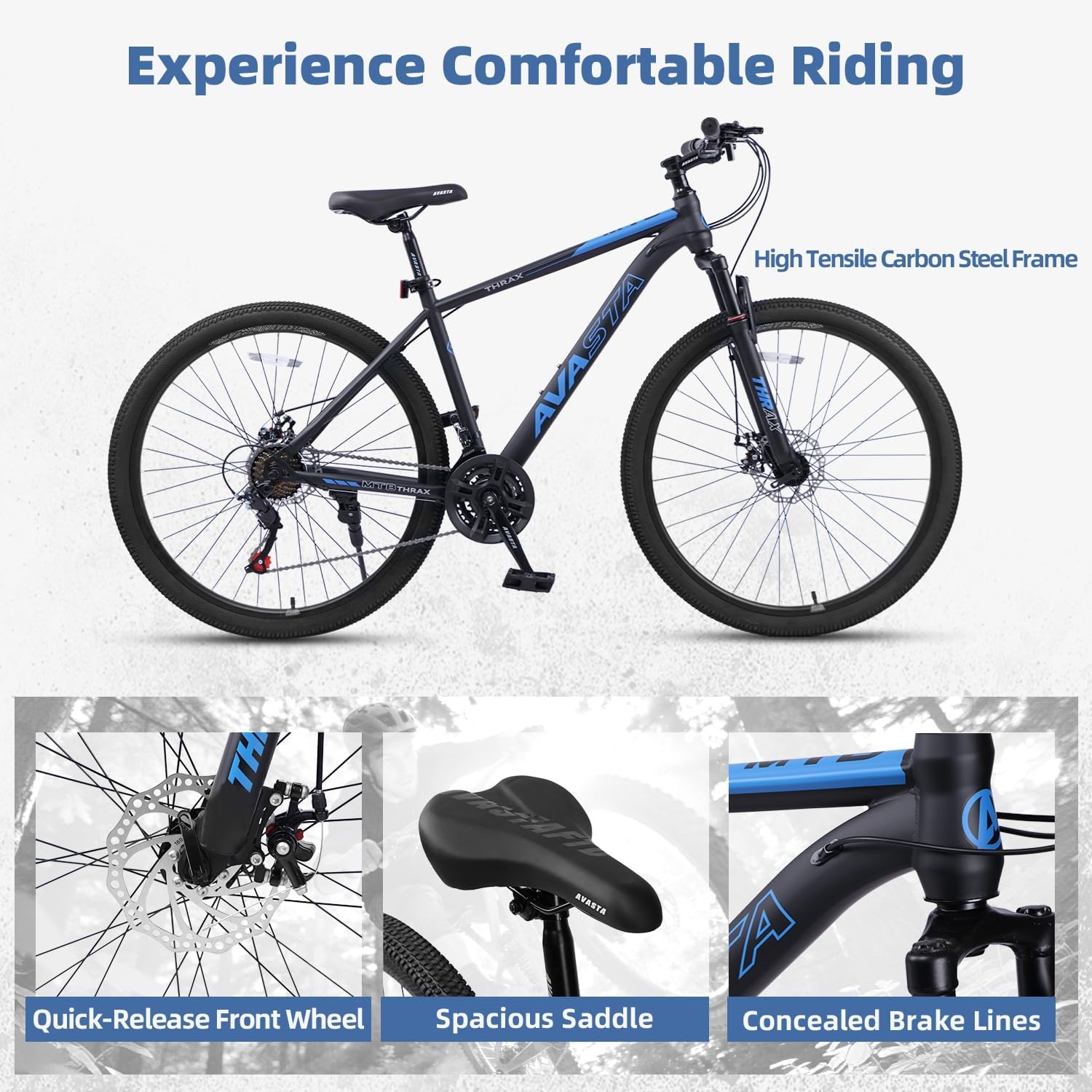 image:imageThrax 24 26 275 Inch Adult Men Male and Women MTB Mountain Bike High Tensile Steel Frame Dual Disc Brakes Front Suspension Smooth 21Speed Gear Shifters Half Hidden Brake CablesBlack