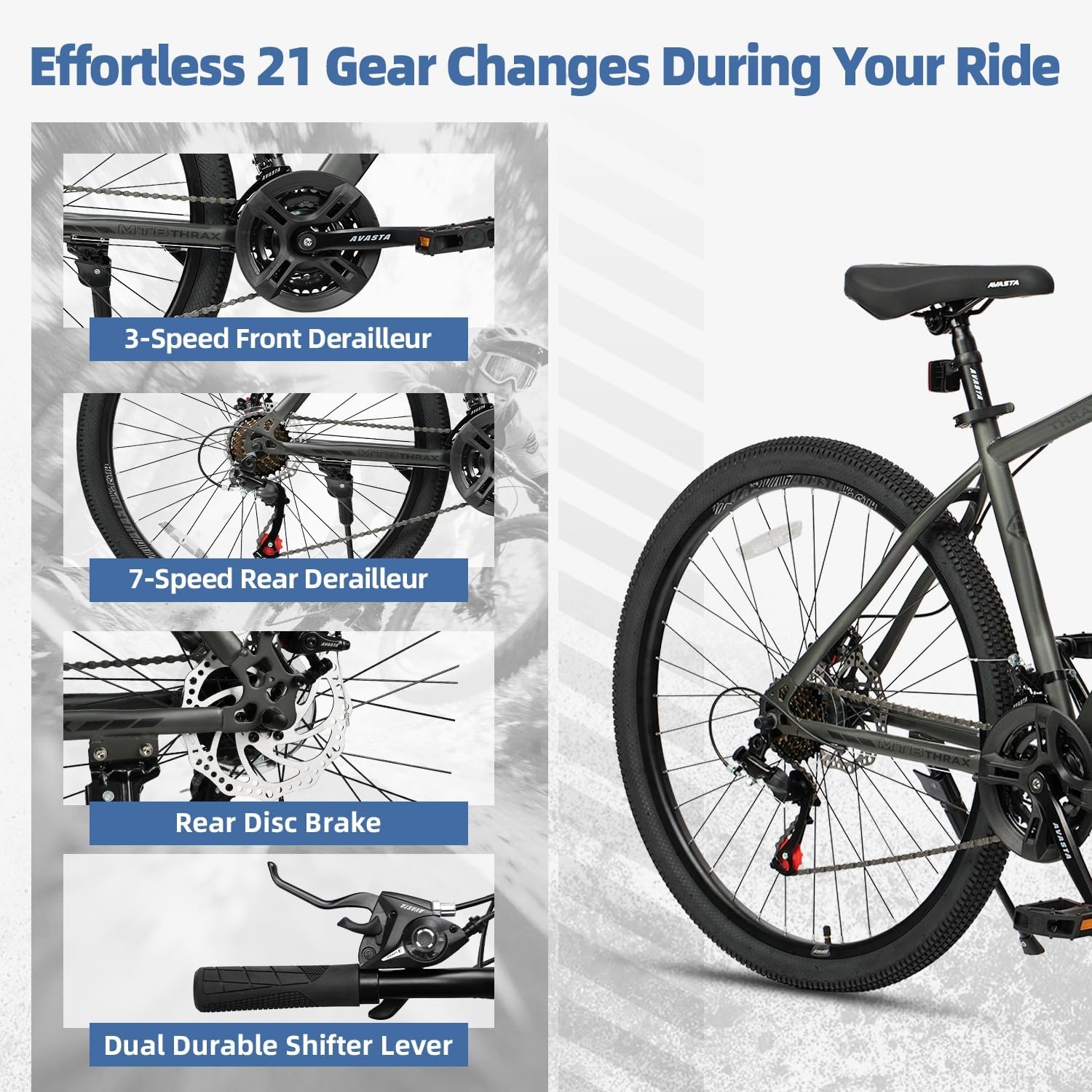 image:imageThrax 24 26 275 Inch Adult Men Male and Women MTB Mountain Bike High Tensile Steel Frame Dual Disc Brakes Front Suspension Smooth 21Speed Gear Shifters Half Hidden Brake CablesCharcoal Gray