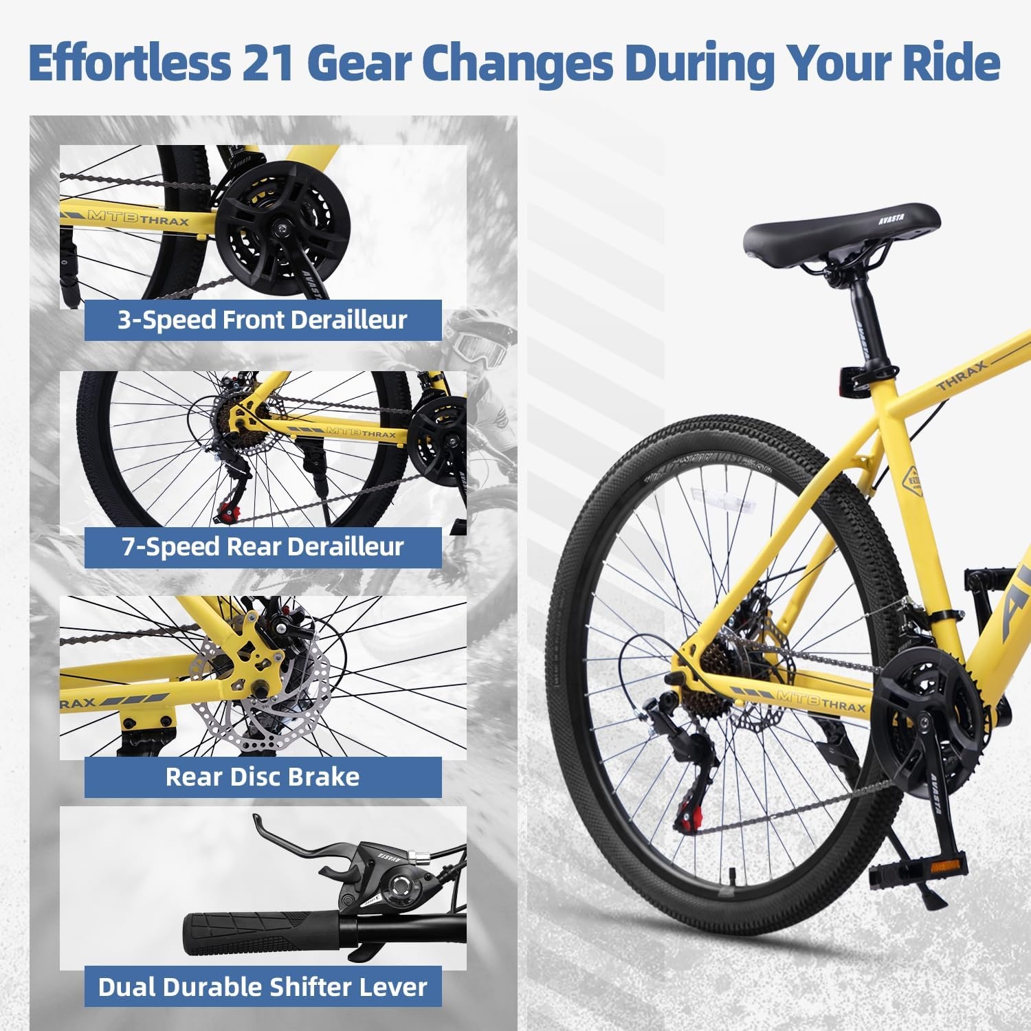 image:imageThrax 24 26 275 Inch Adult Men Male and Women MTB Mountain Bike High Tensile Steel Frame Dual Disc Brakes Front Suspension Smooth 21Speed Gear Shifters Half Hidden Brake CablesYellow