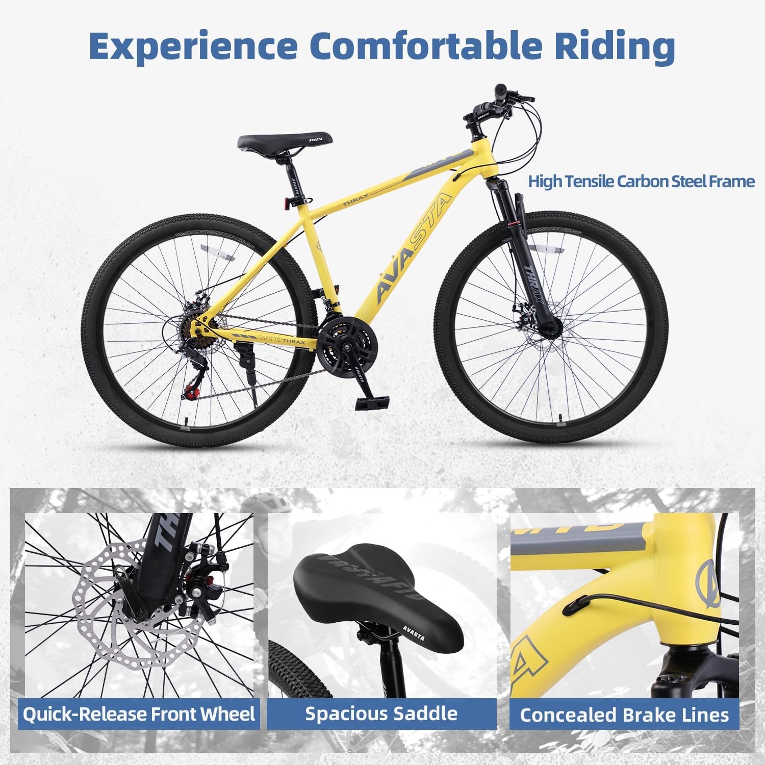 image:imageThrax 24 26 275 Inch Adult Men Male and Women MTB Mountain Bike High Tensile Steel Frame Dual Disc Brakes Front Suspension Smooth 21Speed Gear Shifters Half Hidden Brake CablesYellow