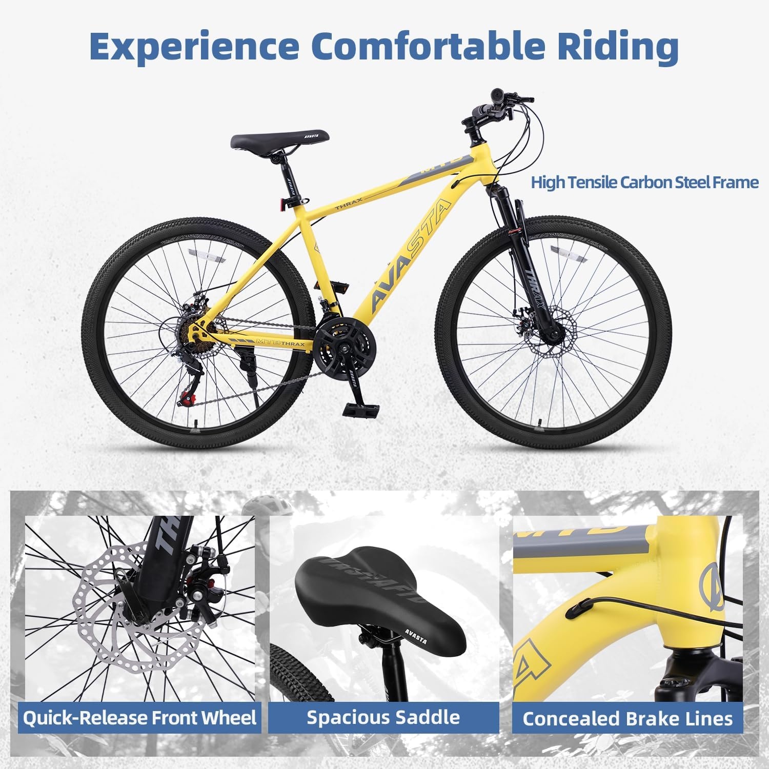 image:imageThrax 24 26 275 Inch Adult Men Male and Women MTB Mountain Bike High Tensile Steel Frame Dual Disc Brakes Front Suspension Smooth 21Speed Gear Shifters Half Hidden Brake CablesYellow