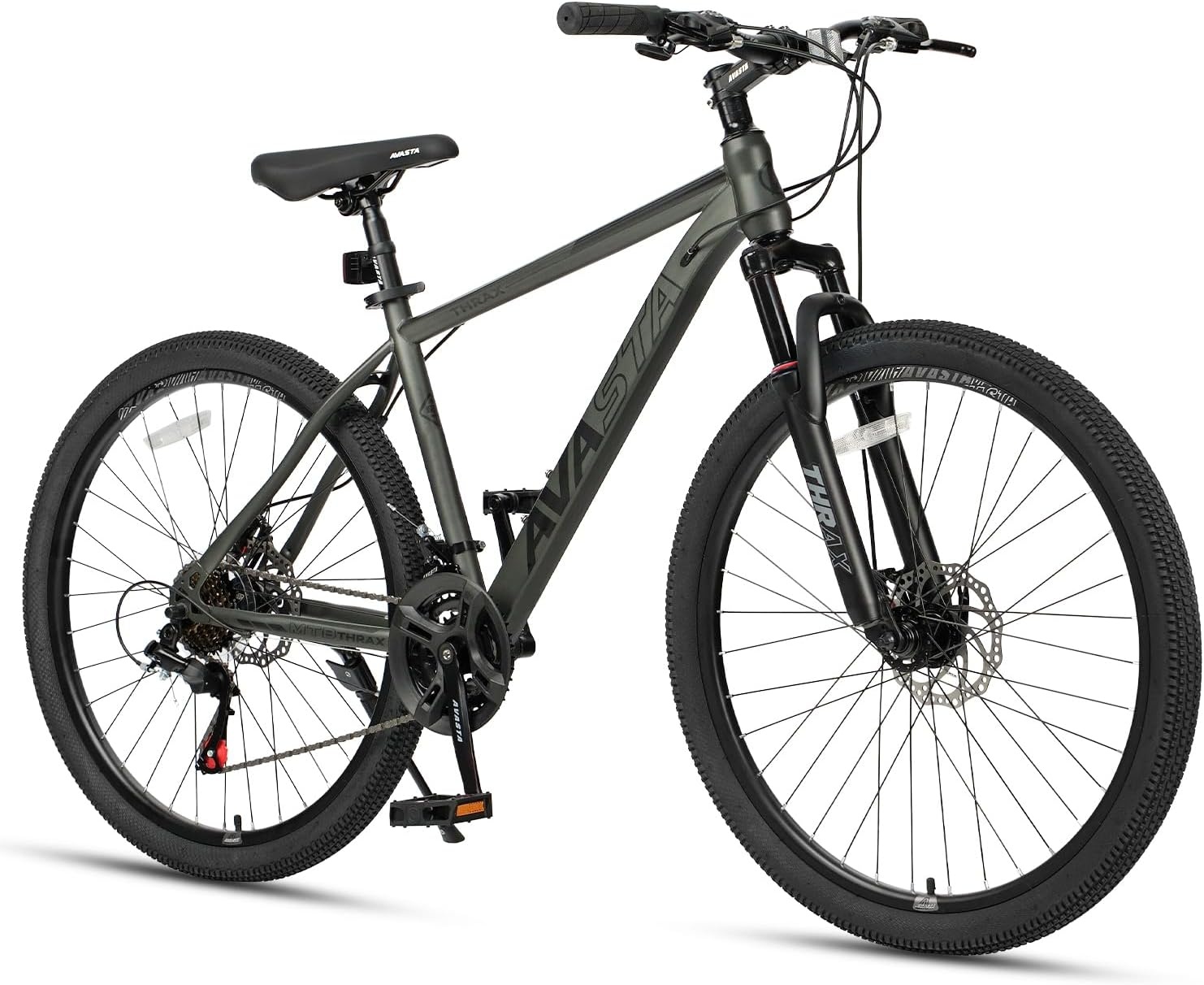 image:imageThrax 24 26 275 Inch Adult Men Male and Women MTB Mountain Bike High Tensile Steel Frame Dual Disc Brakes Front Suspension Smooth 21Speed Gear Shifters Half Hidden Brake CablesCharcoal Gray