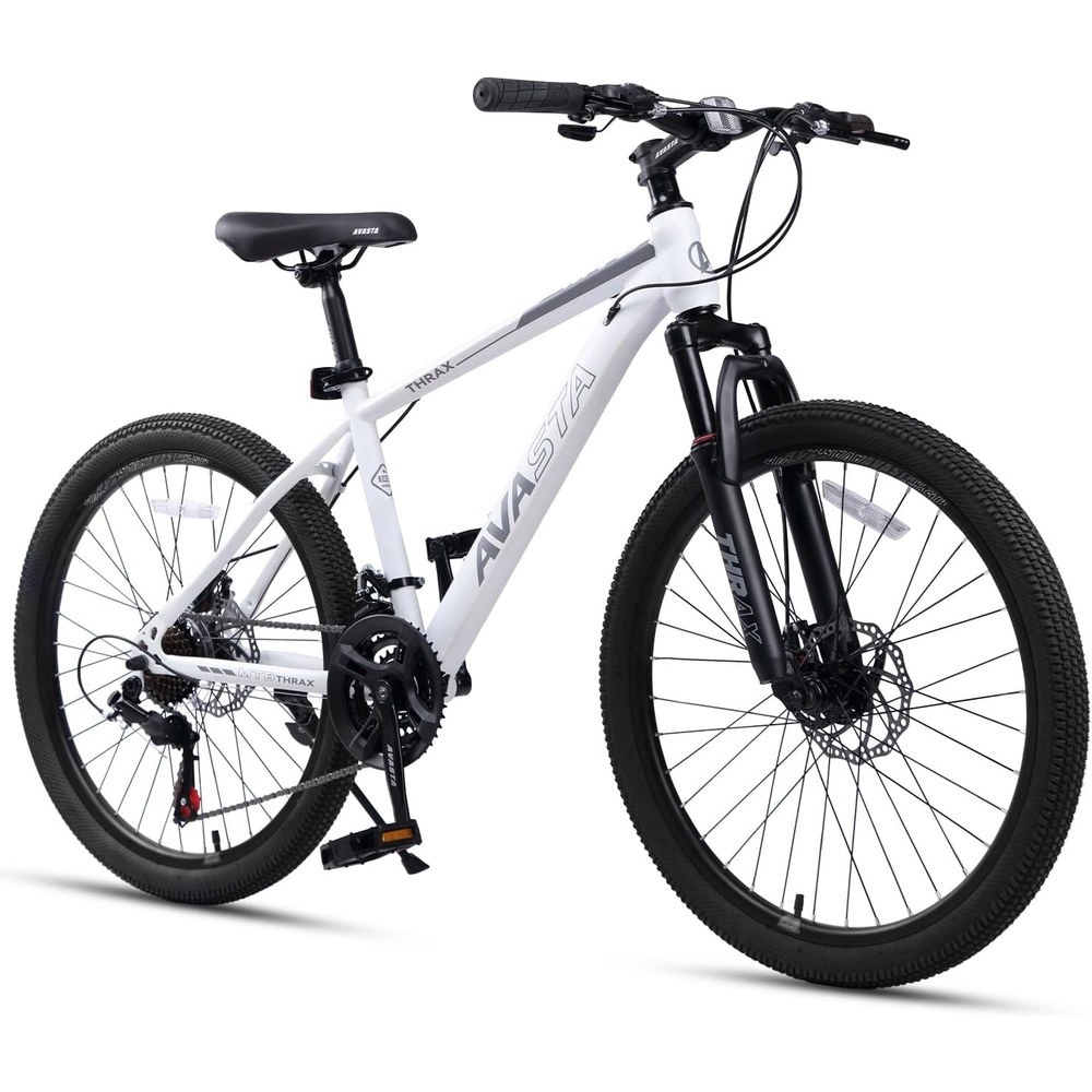 image:imageThrax 24 26 275 Inch Adult Men Male and Women MTB Mountain Bike High Tensile Steel Frame Dual Disc Brakes Front Suspension Smooth 21Speed Gear Shifters Half Hidden Brake CablesWhite