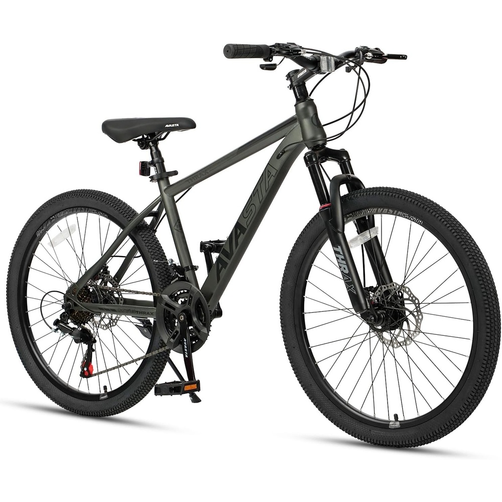 image:imageThrax 24 26 275 Inch Adult Men Male and Women MTB Mountain Bike High Tensile Steel Frame Dual Disc Brakes Front Suspension Smooth 21Speed Gear Shifters Half Hidden Brake CablesCharcoal Gray